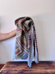 Person holding a patterned blanket on a wooden surface with a white background