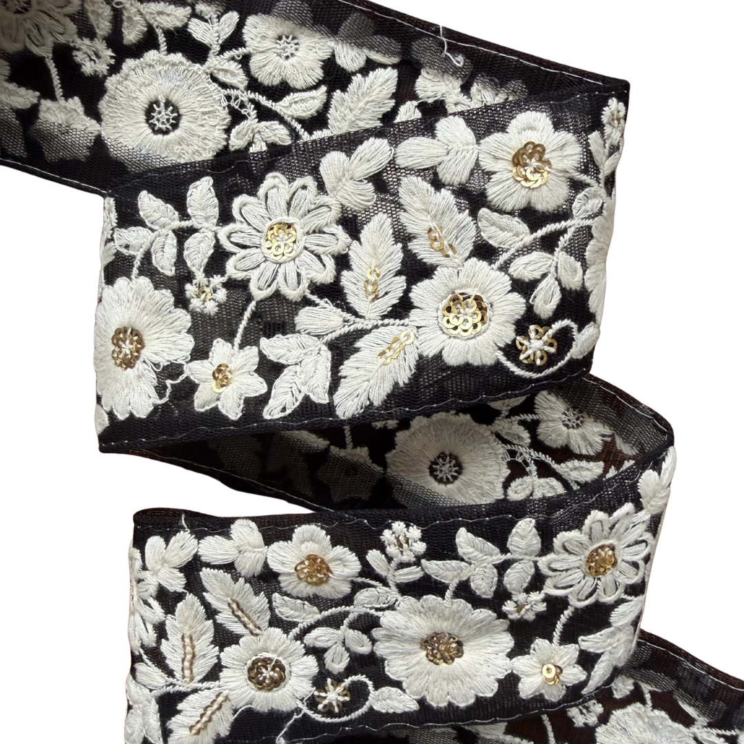 Black Lace White Flowers Ribbon