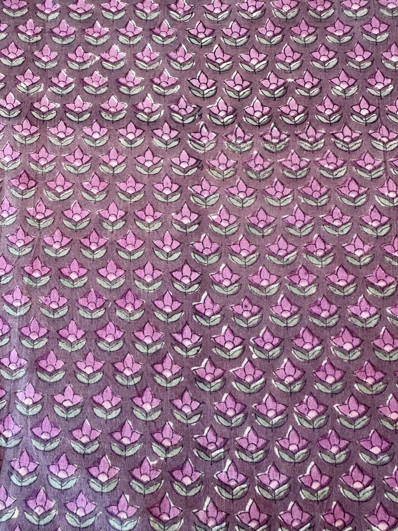 Block Print Cotton Fabric - Pink & Green Flowers