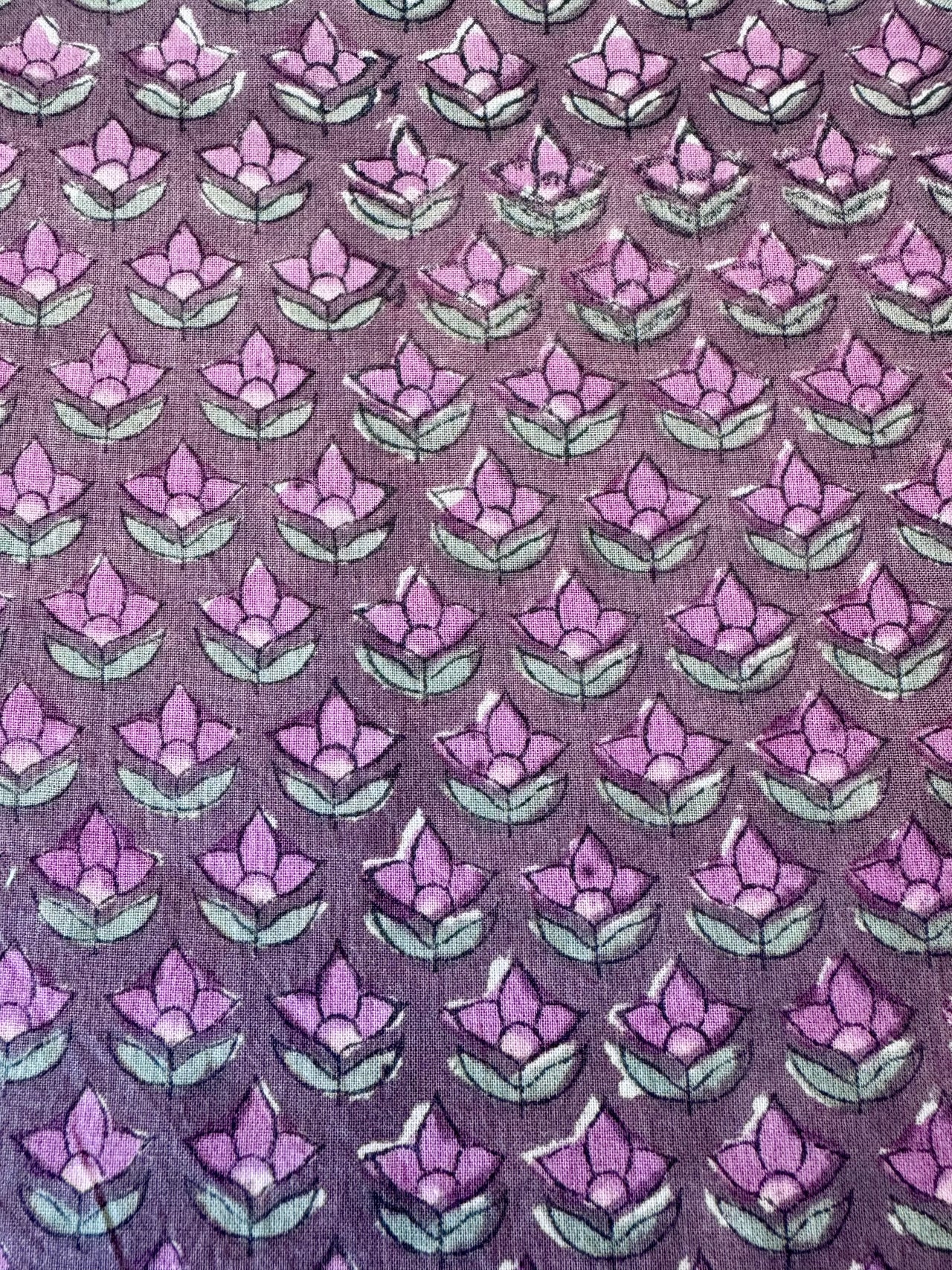 Block Print Cotton Fabric - Pink & Green Flowers