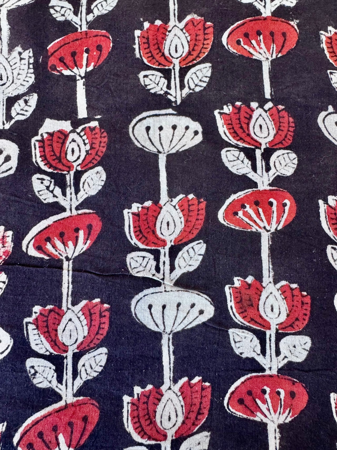 Block Print Cotton Fabric - Black With Red & White Floral