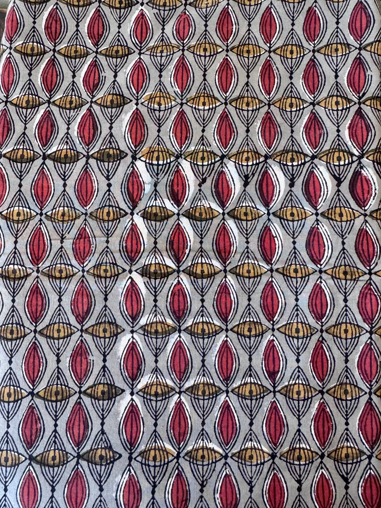 Block Print Cotton Fabric - Red & Yellow Pattern on Grey