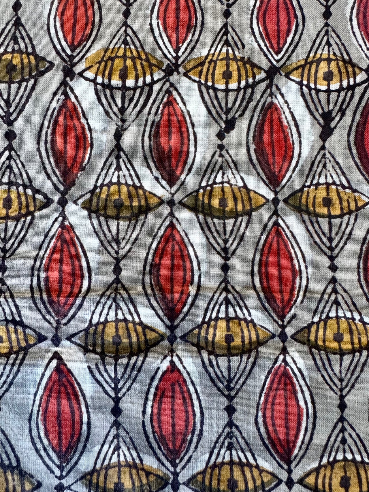 Block Print Cotton Fabric - Red & Yellow Pattern on Grey