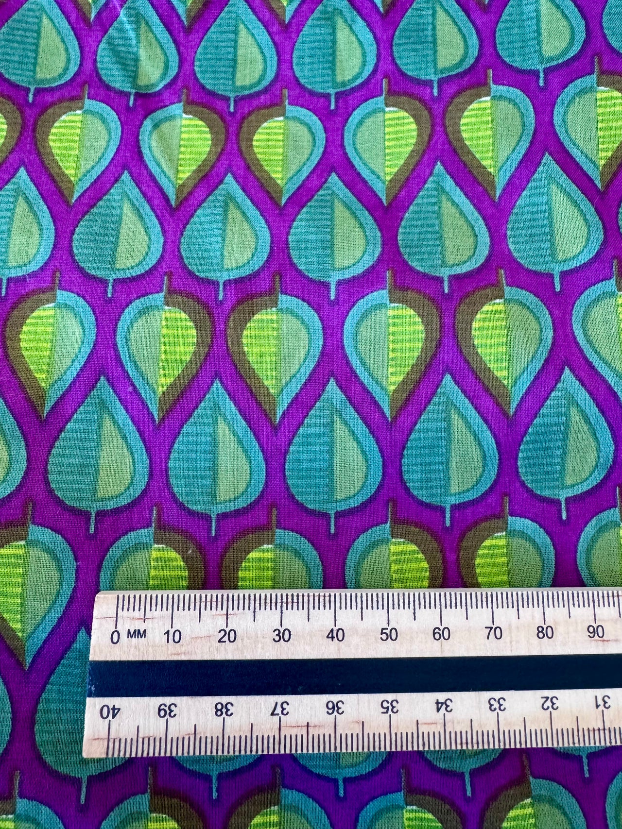 Block Print Cotton Fabric - Purple & Green Leaves