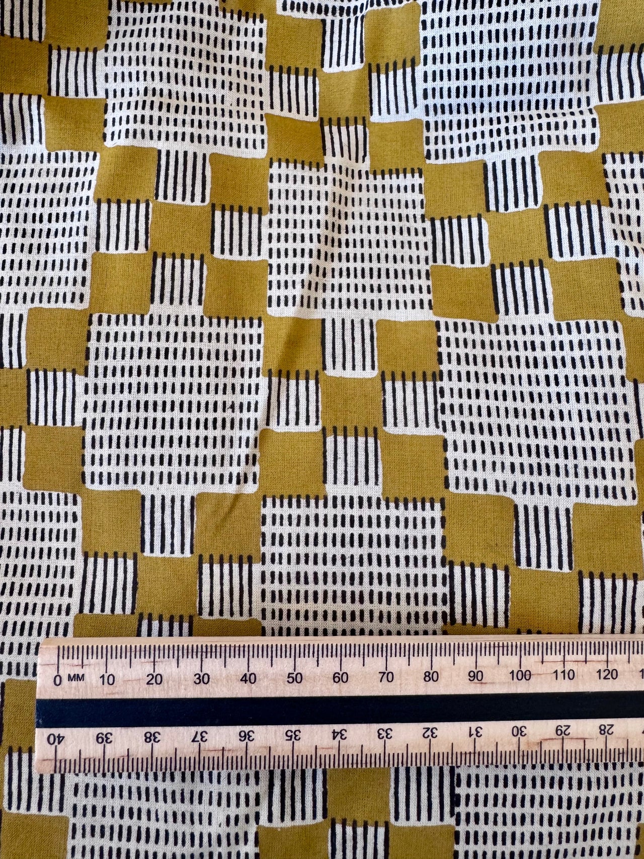 Block Print Cotton Fabric - Mustard With Black & White Abstract Squares