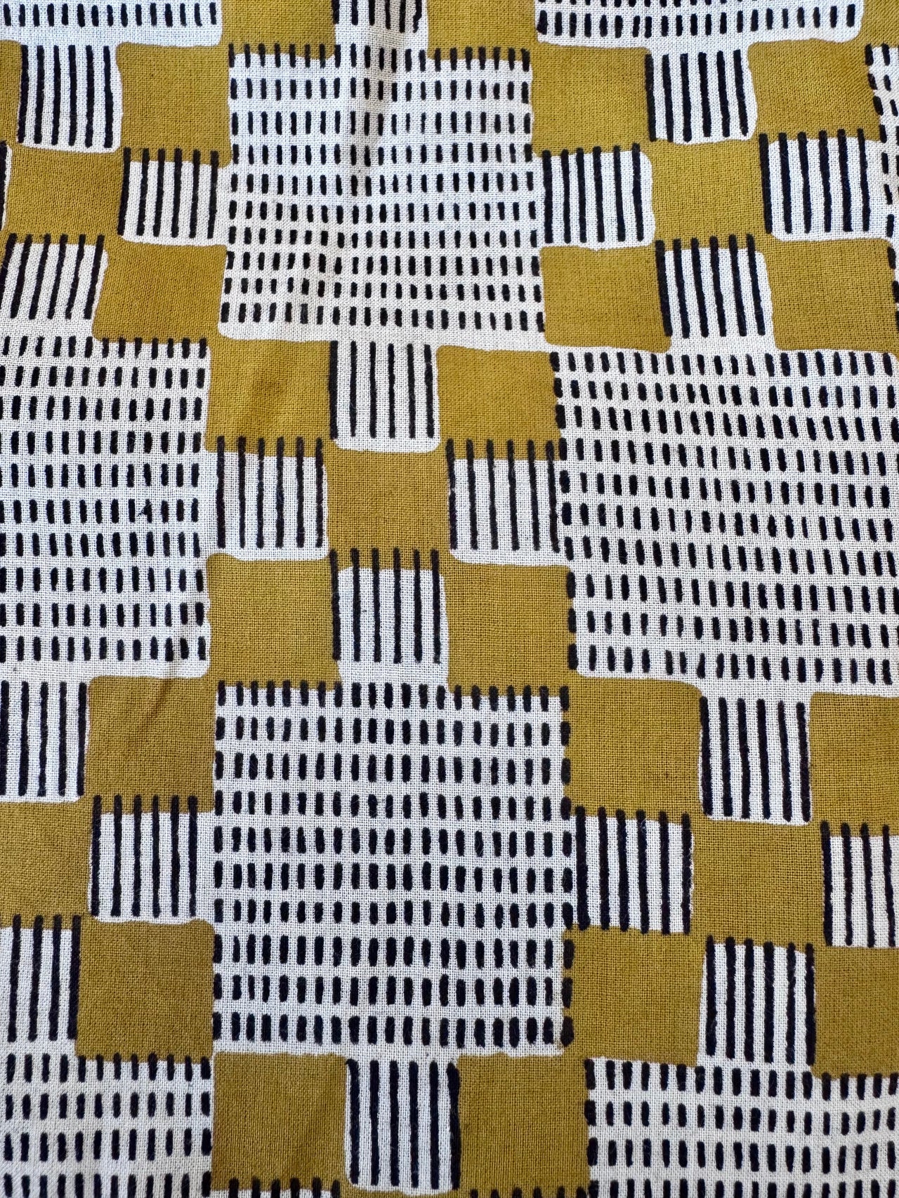 Block Print Cotton Fabric - Mustard With Black & White Abstract Squares