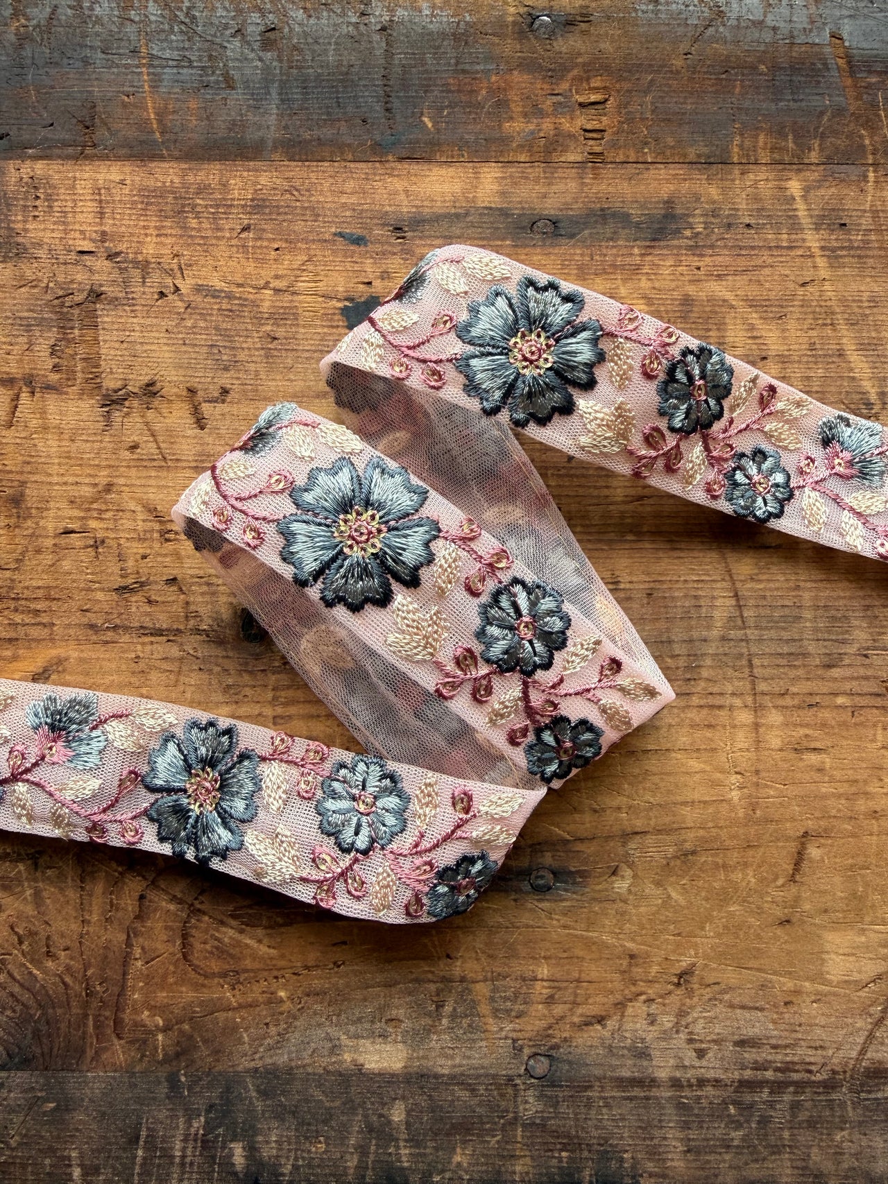 Dusty Pink Ribbon With Slate Blue Floral