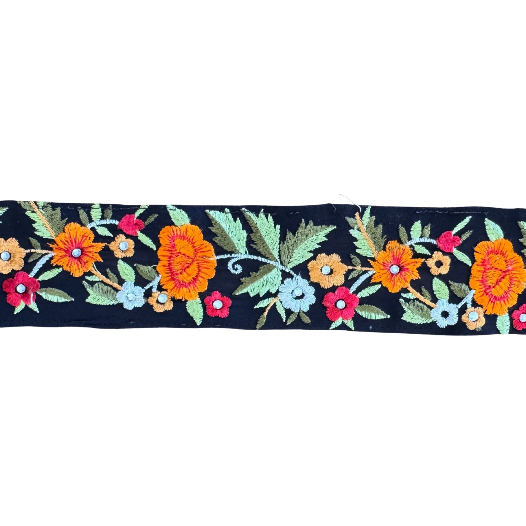 Embroidered floral pattern on a black background