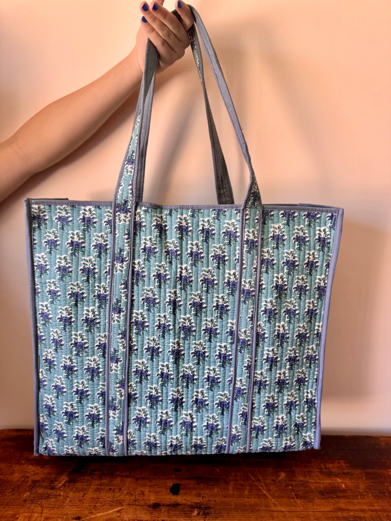 Block Print Cotton Tote Bag – Turquoise Floral