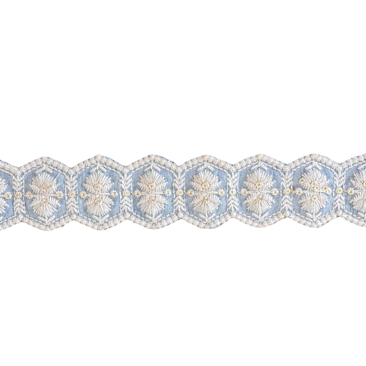 Decorative lace trim with floral patterns on a white background