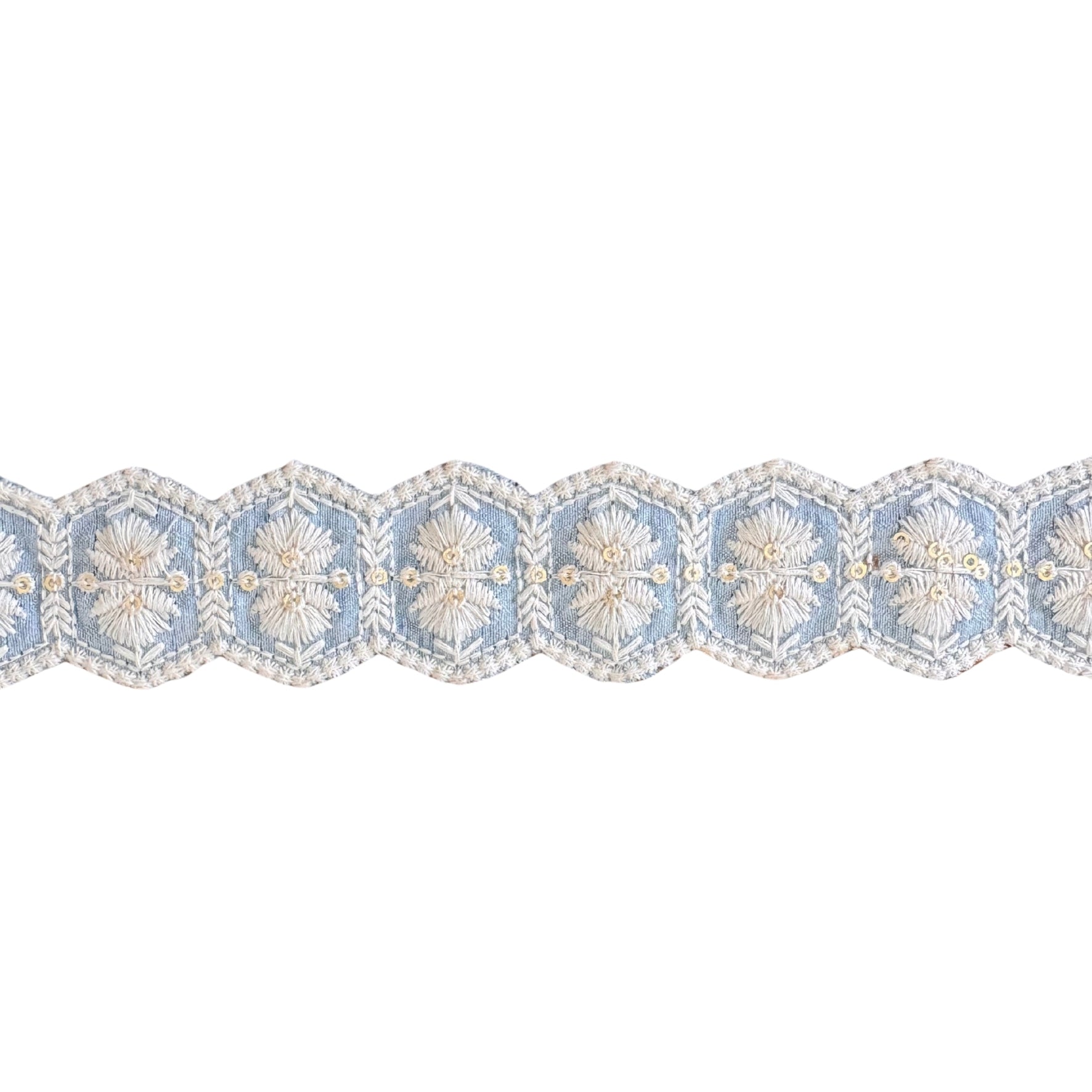 Decorative lace trim with floral patterns on a white background
