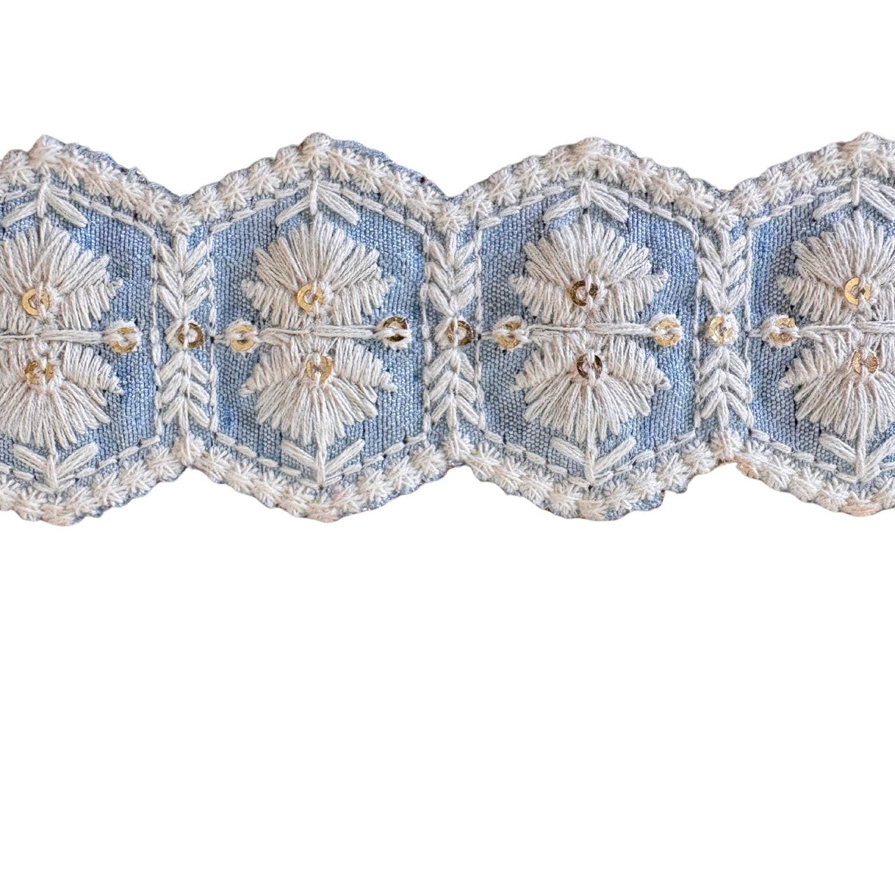 Decorative lace trim with floral patterns on a white background