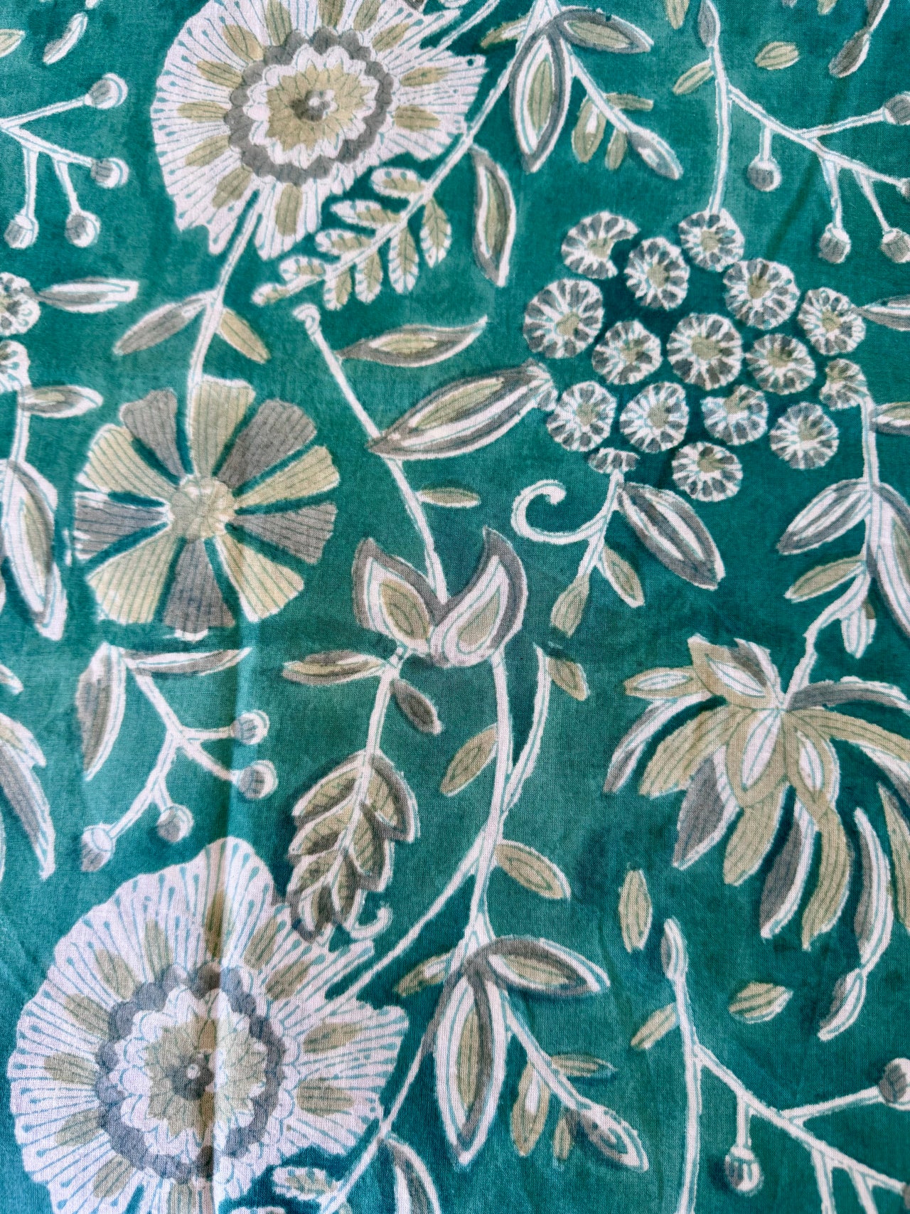 Block Print Cotton Fabric - Turquoise/Green Floral