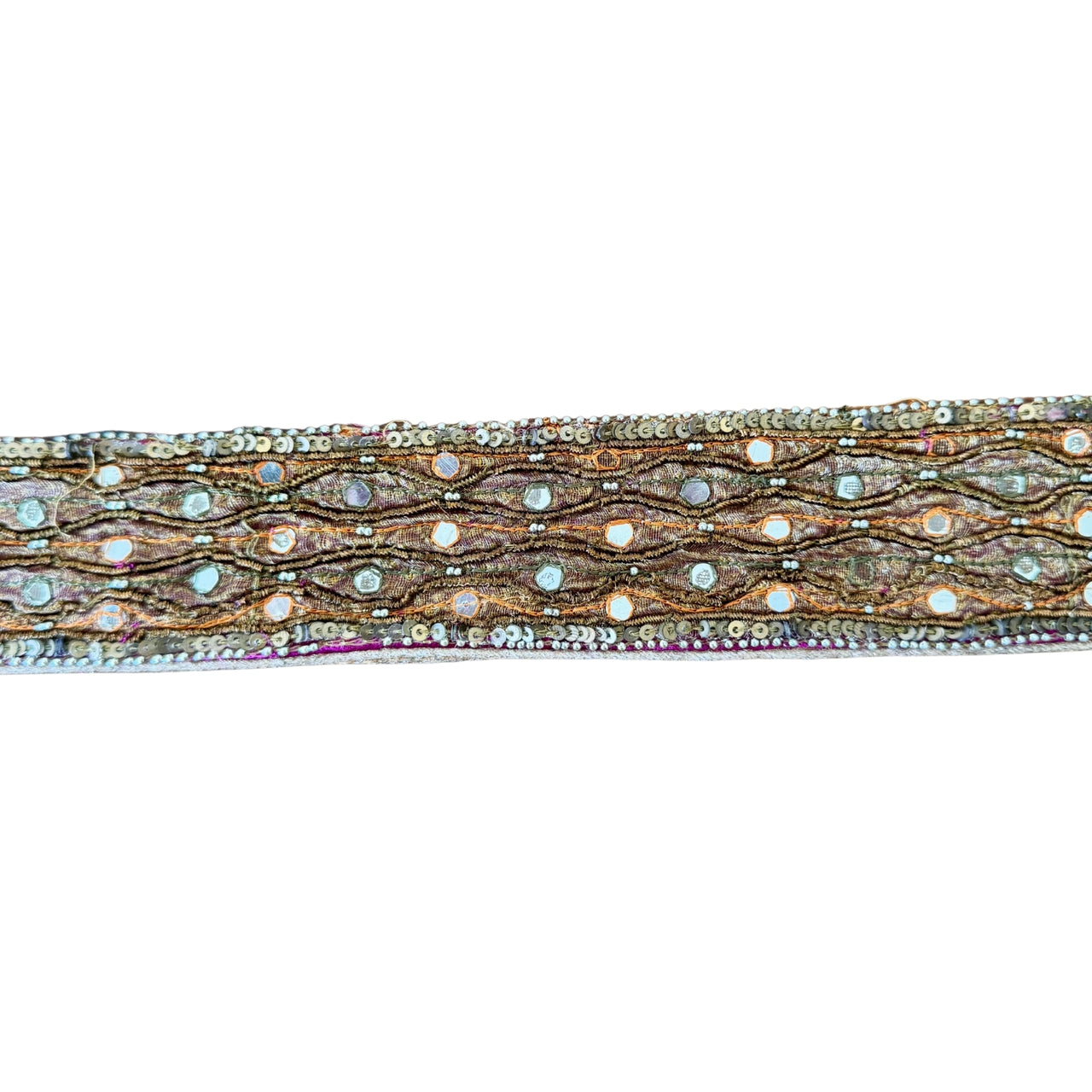 Decorative ribbon with metallic and gemstone pattern on a white background