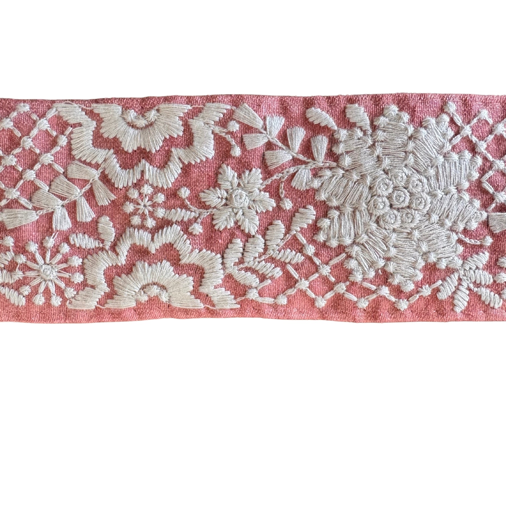 Decorative lace trim with white floral patterns on a pink background