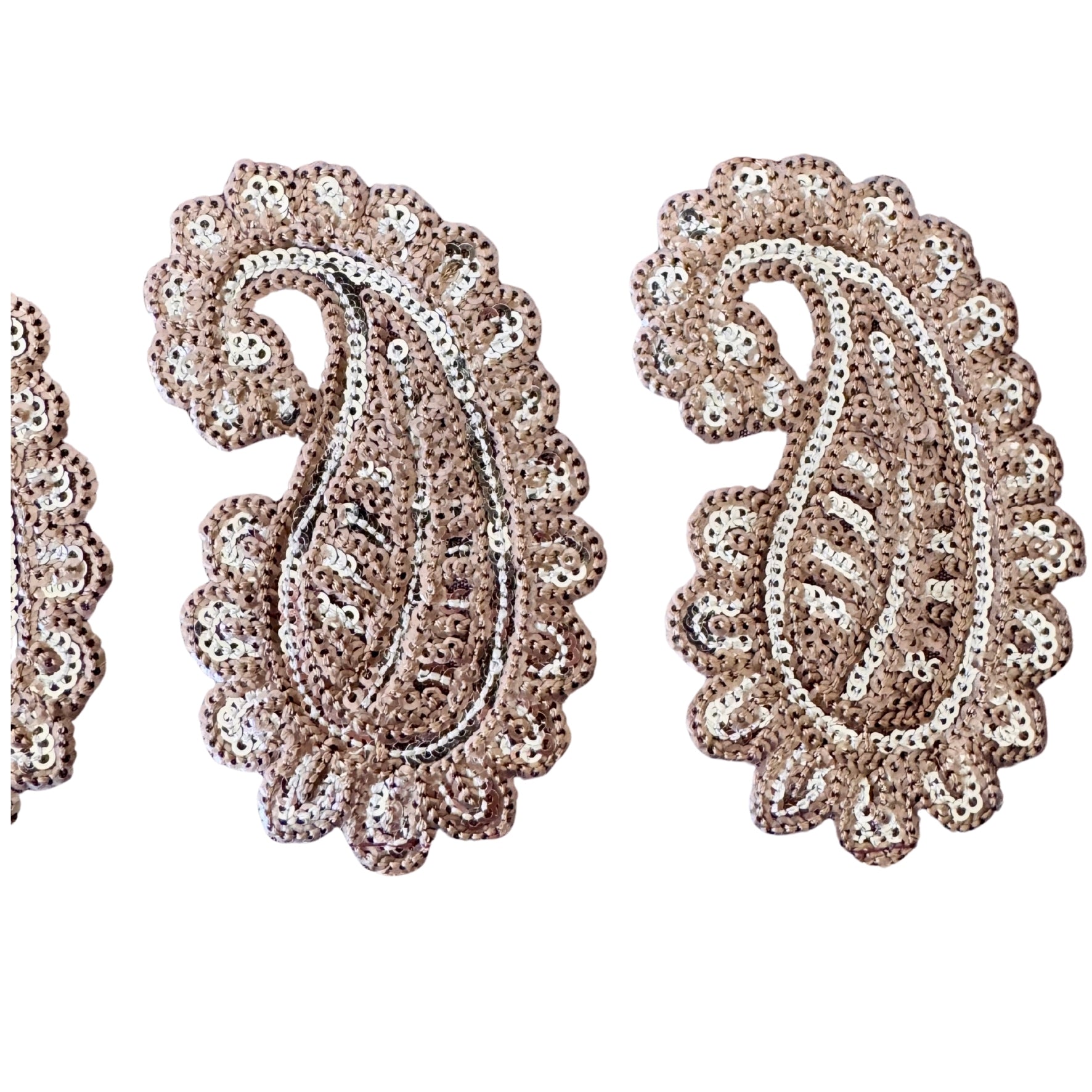 Pair of sequin paisley earrings on a white background