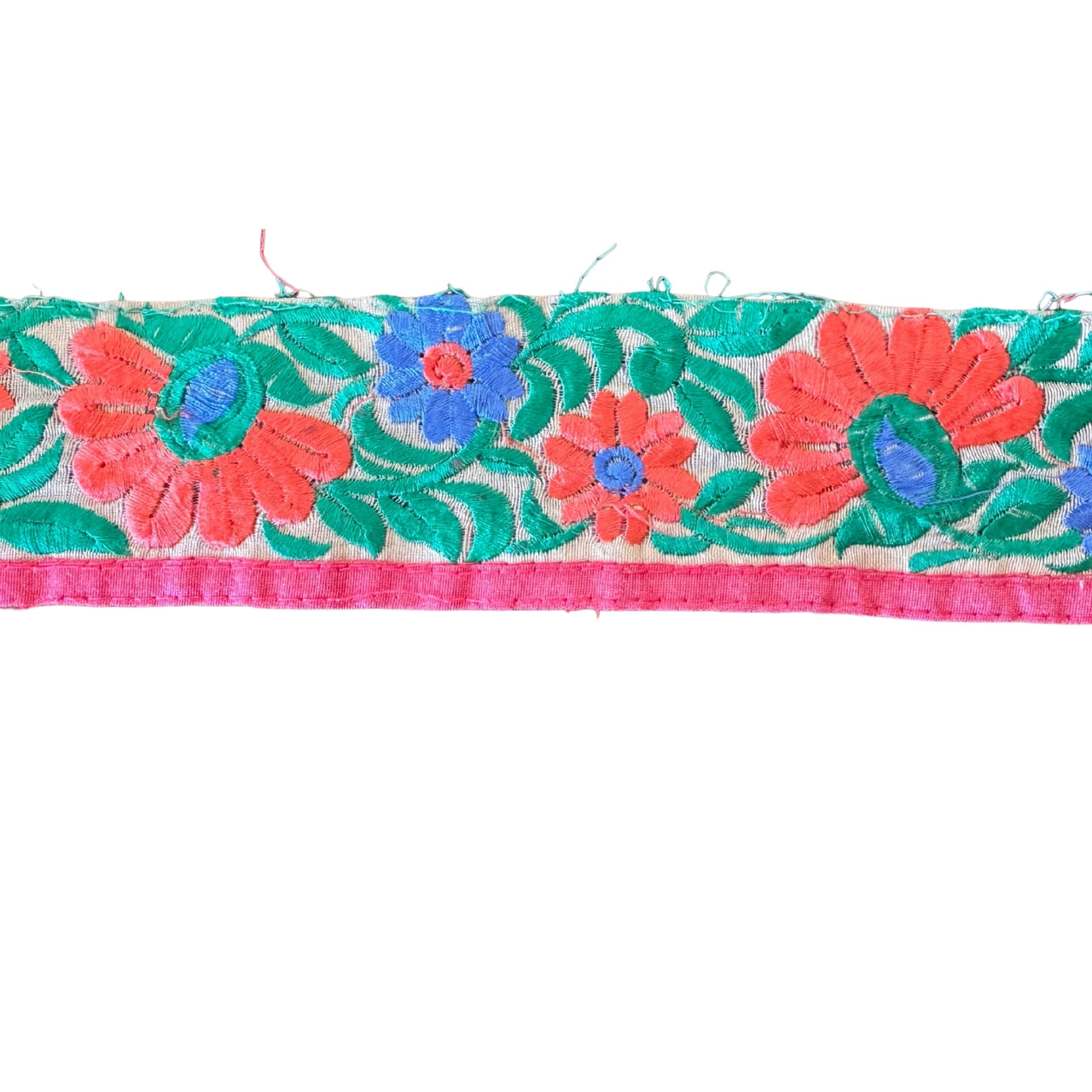 Decorative fabric trim with colorful floral patterns on a white background