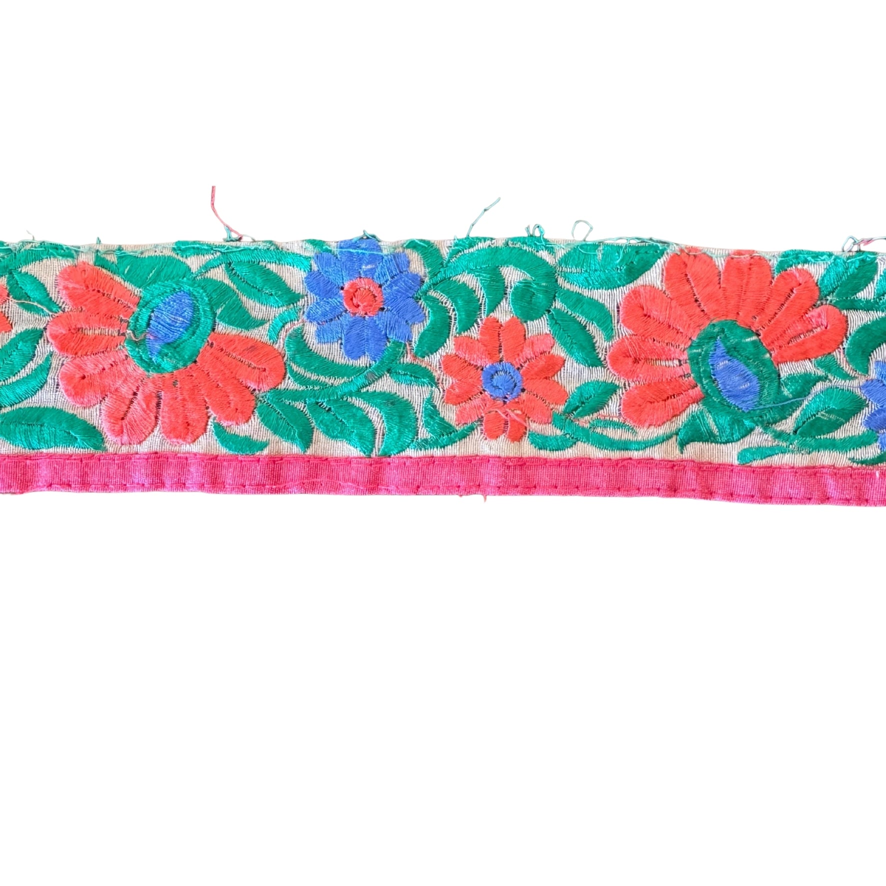 Decorative fabric trim with colorful floral patterns on a white background