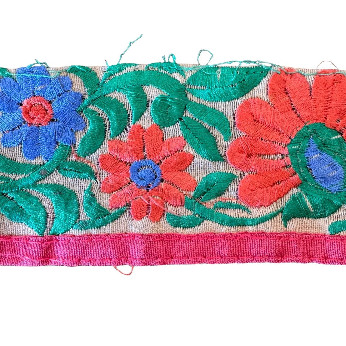 Embroidered fabric strip with colorful flowers and leaves on a white background