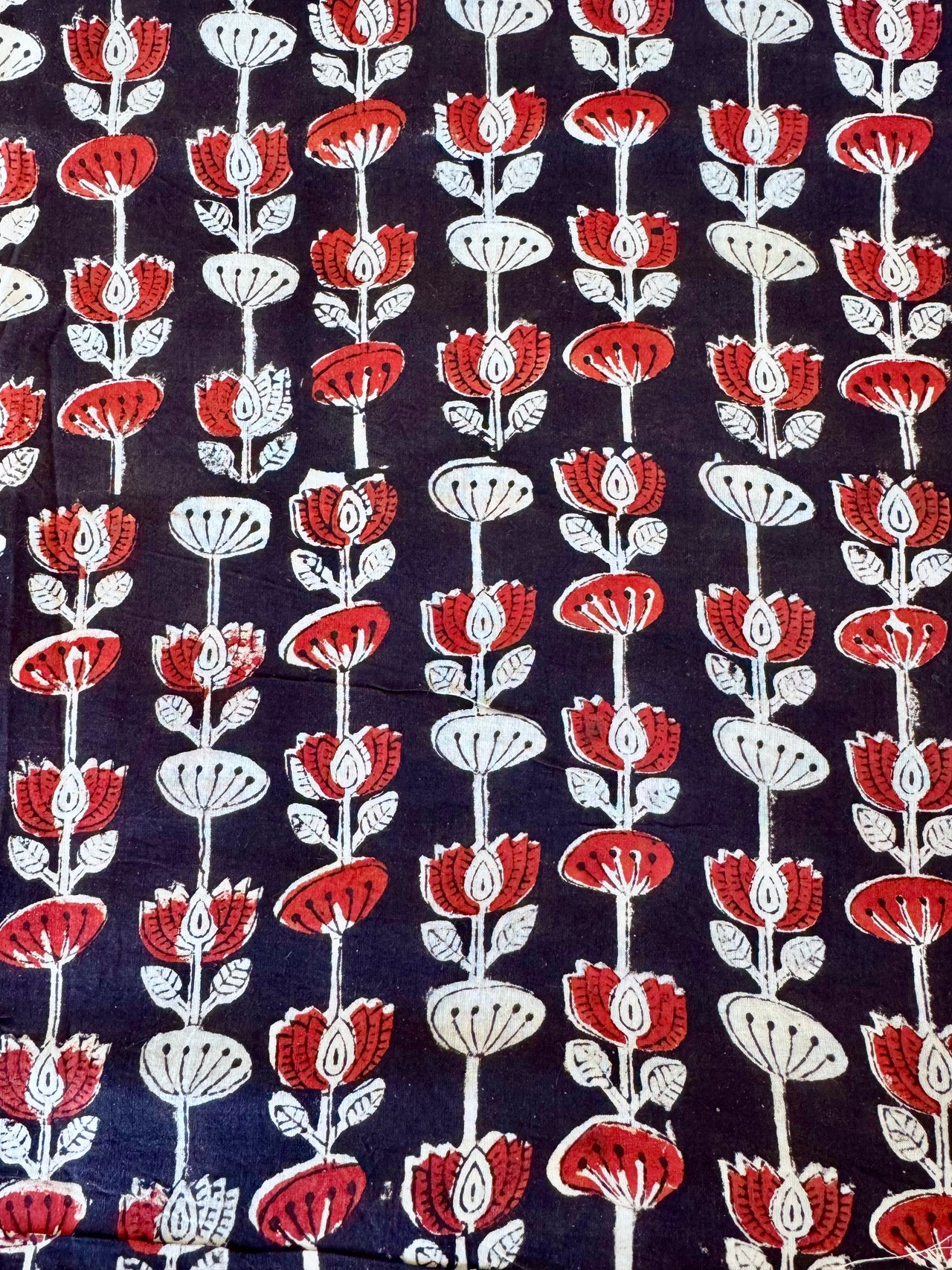Block Print Cotton Fabric - Black With Red & White Floral