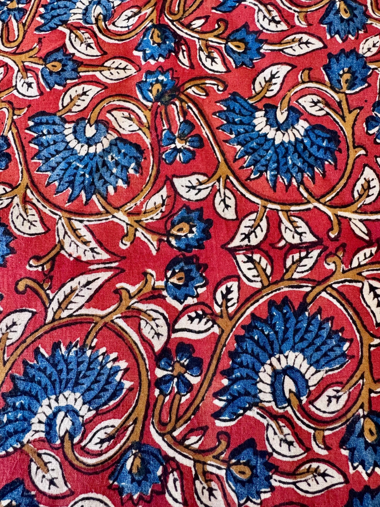 Block Print Cotton Fabric - Red with Blue & Mustard Floral