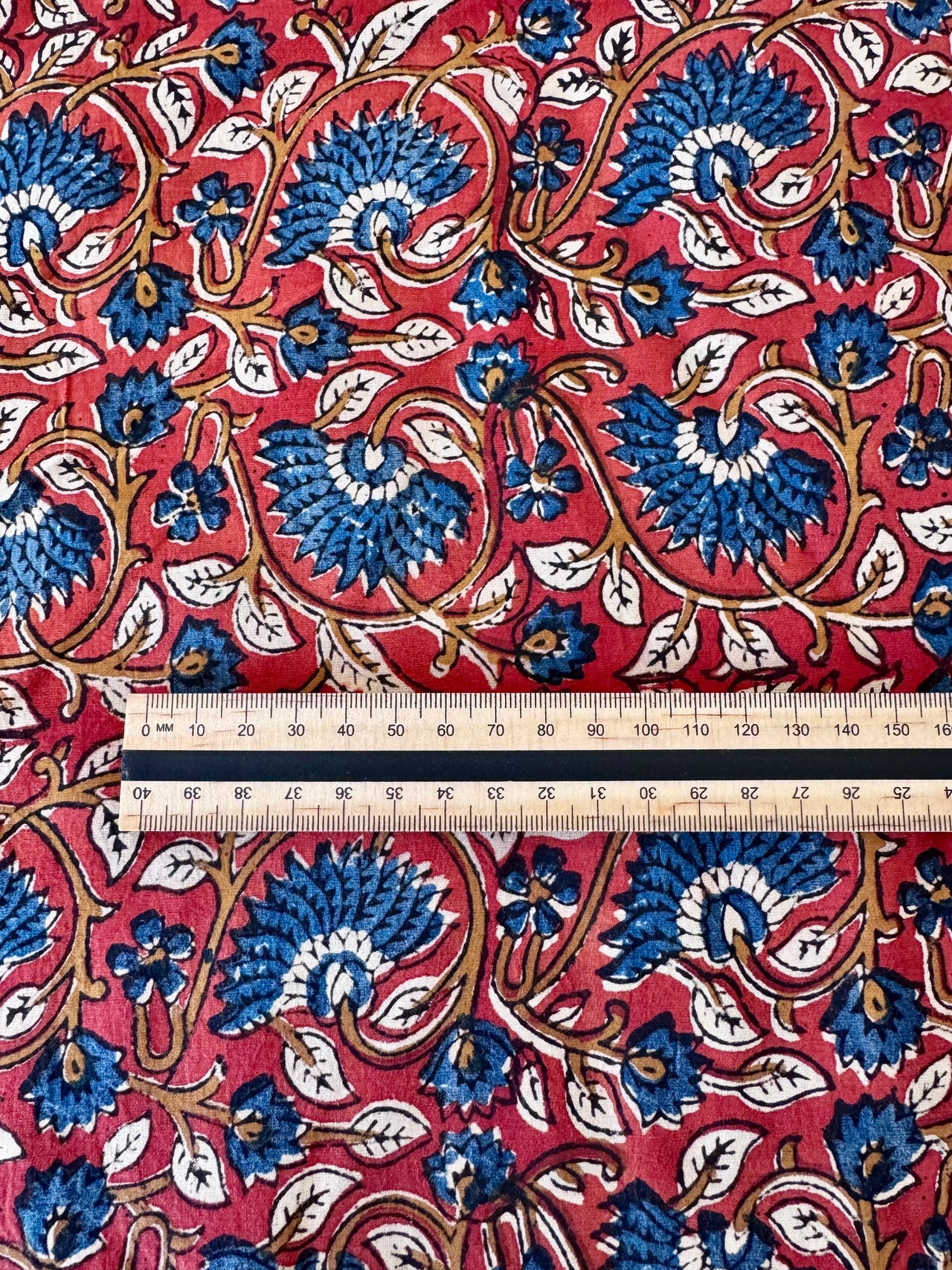 Block Print Cotton Fabric - Red with Blue & Mustard Floral