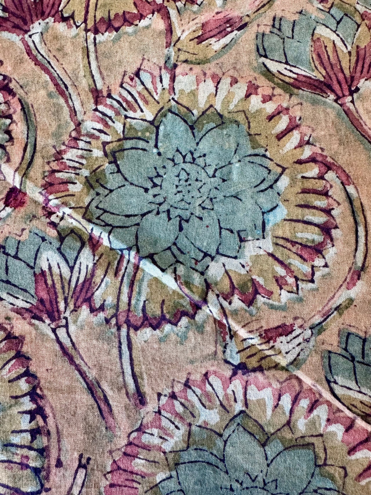 Block Print Cotton Fabric - Green Floral