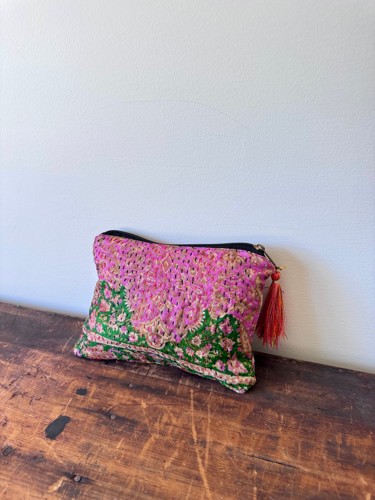 Silk Kantha Stitched Bag - Green & Pink