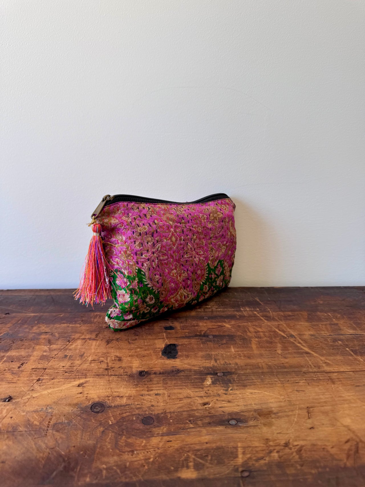 Silk Kantha Stitched Bag - Green & Pink