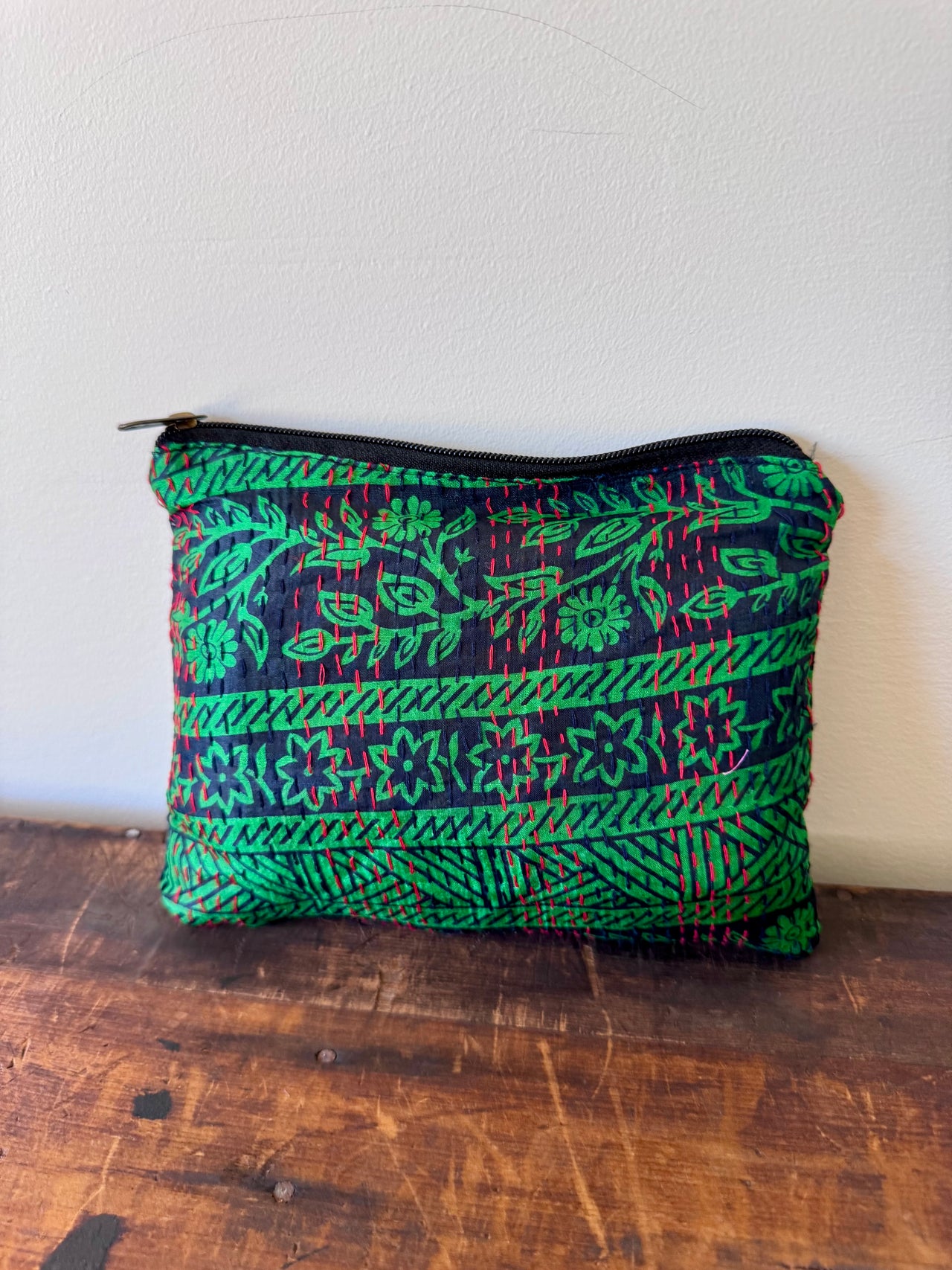 Silk Kantha Stitched Bag - Green & Navy
