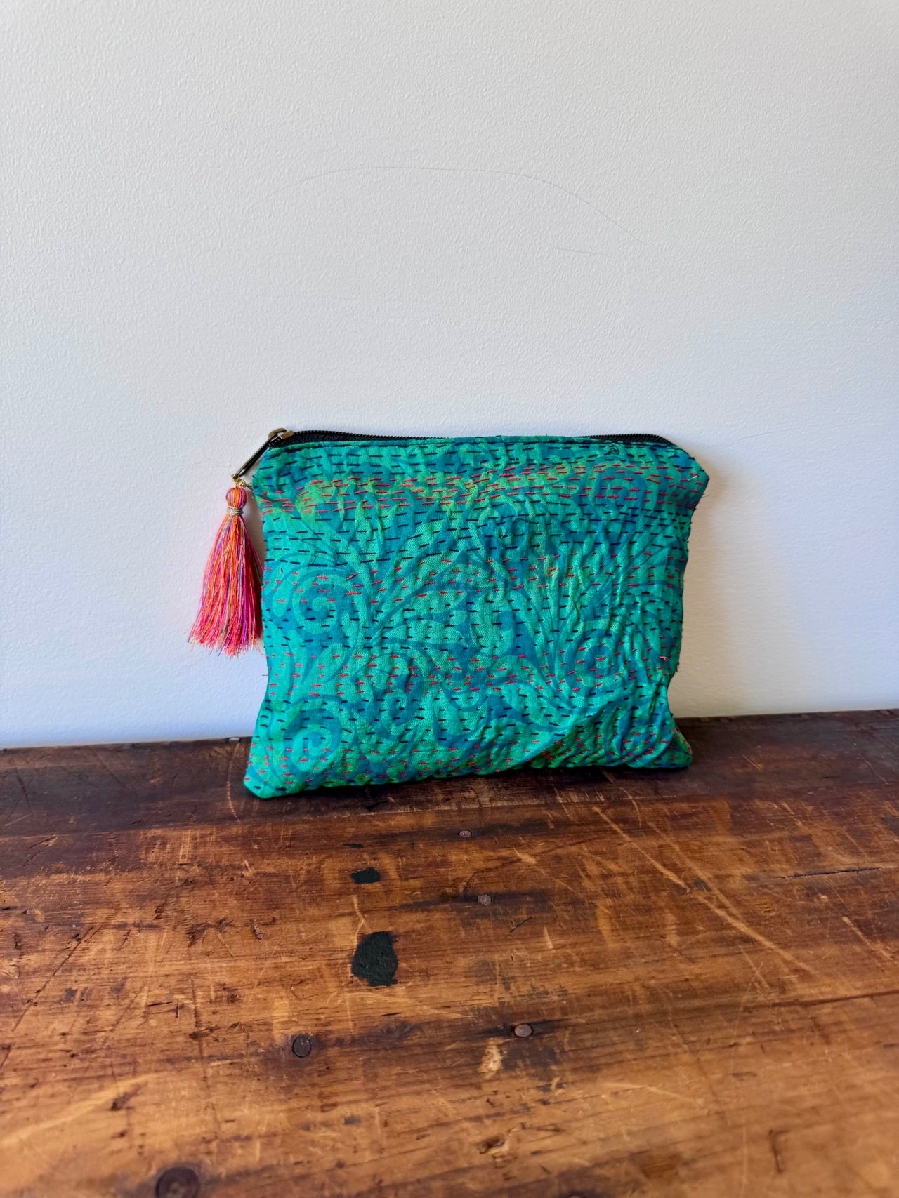 Silk Kantha Stitched Bag - Aqua Green