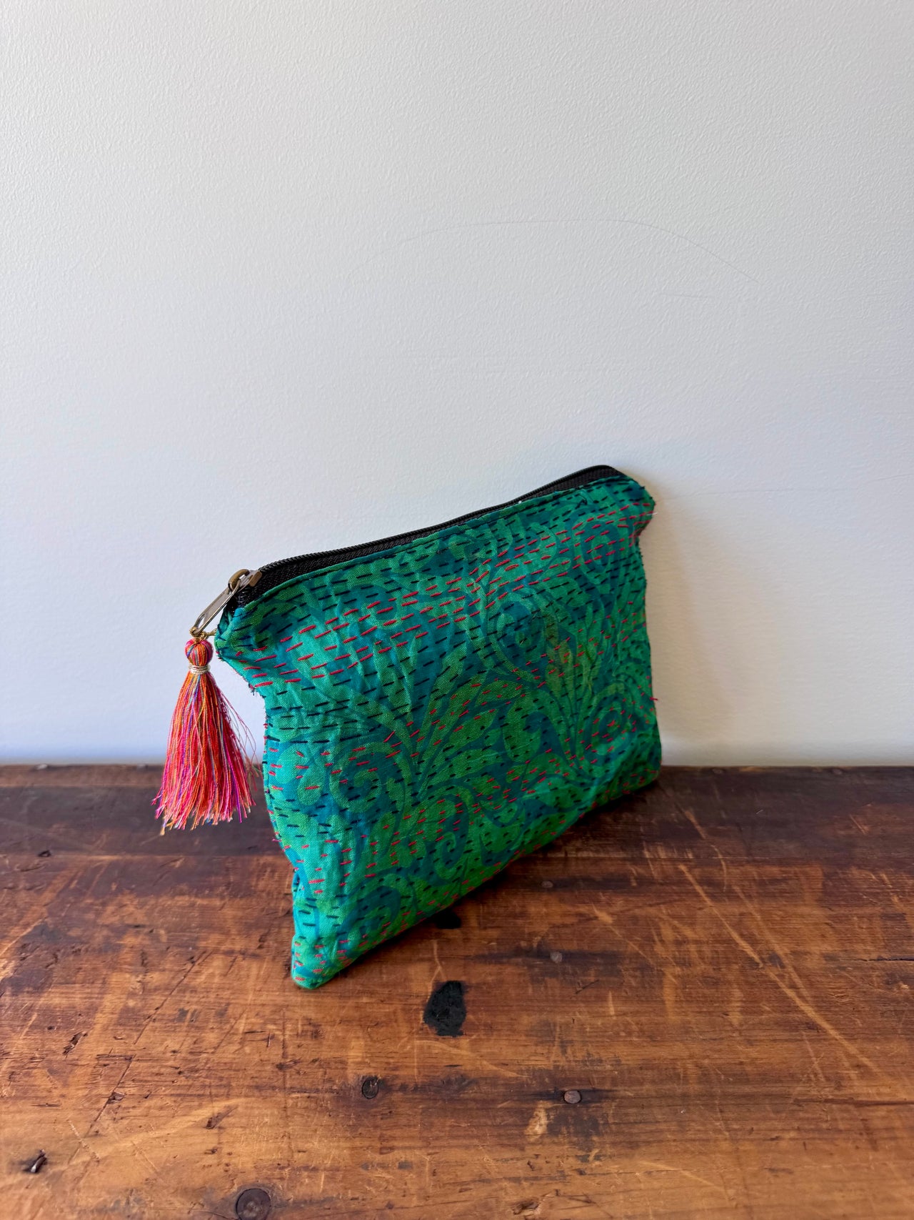 Silk Kantha Stitched Bag - Aqua Green