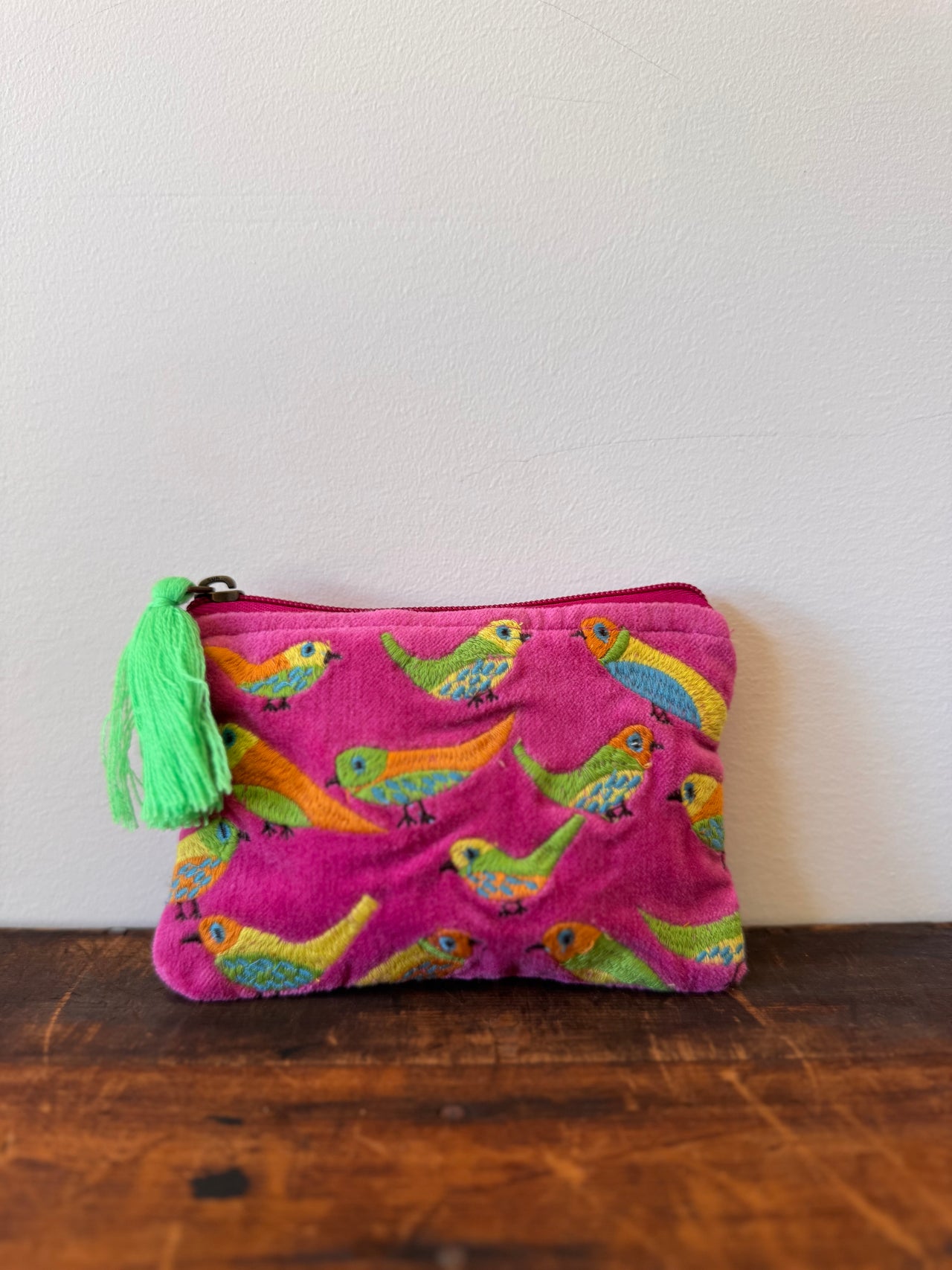 Small Velvet Purse - Pink Birds