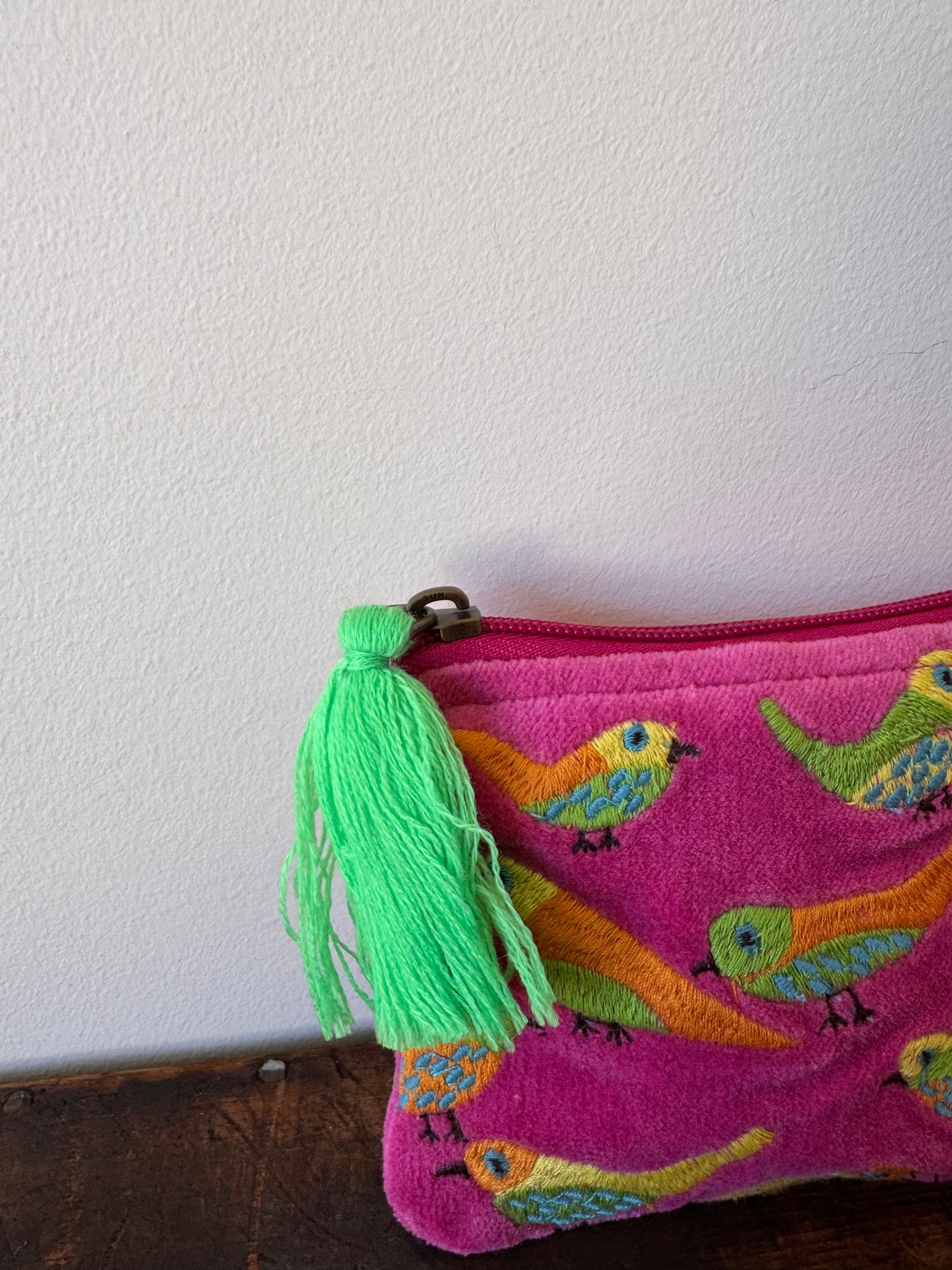 Small Velvet Purse - Pink Birds