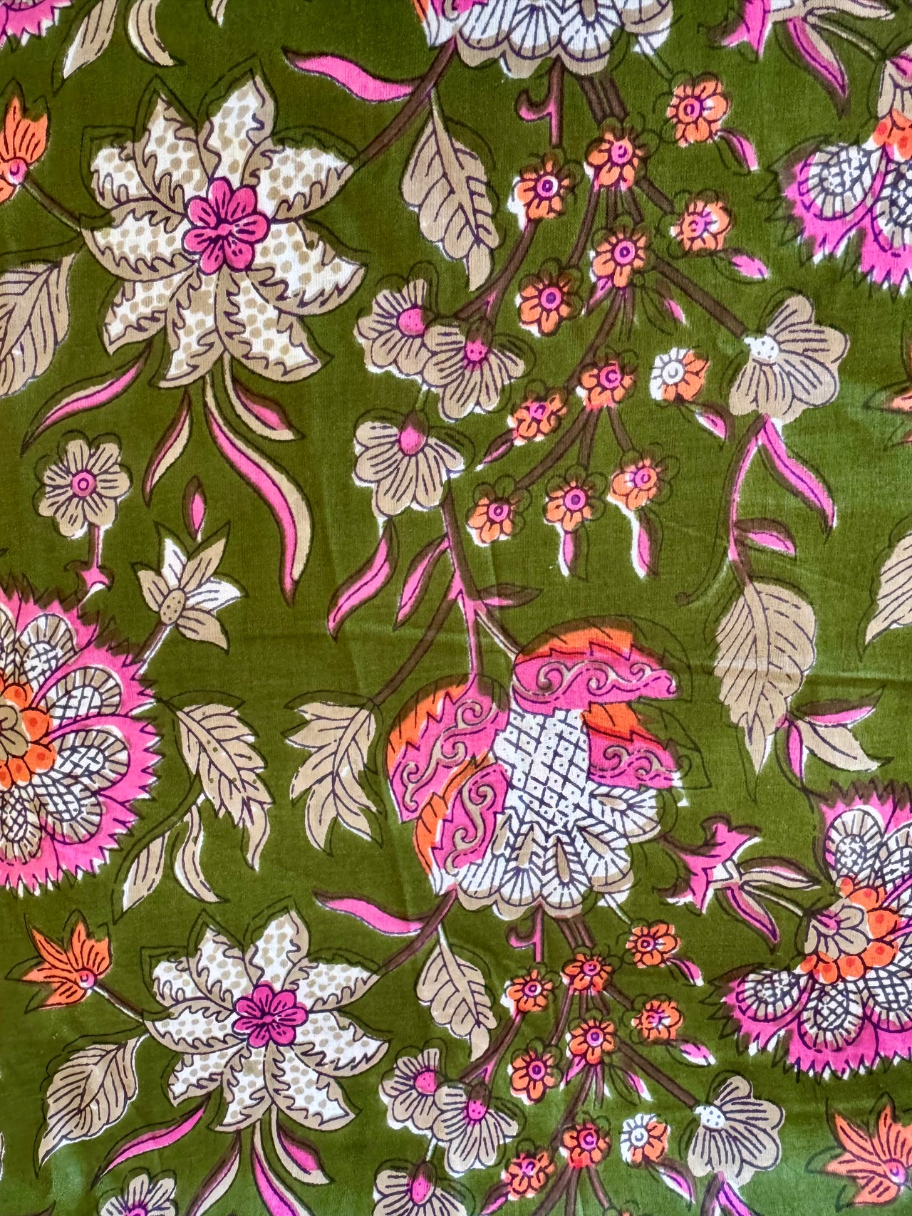 100% Cotton Fabric – Green Floral with Hot Pink