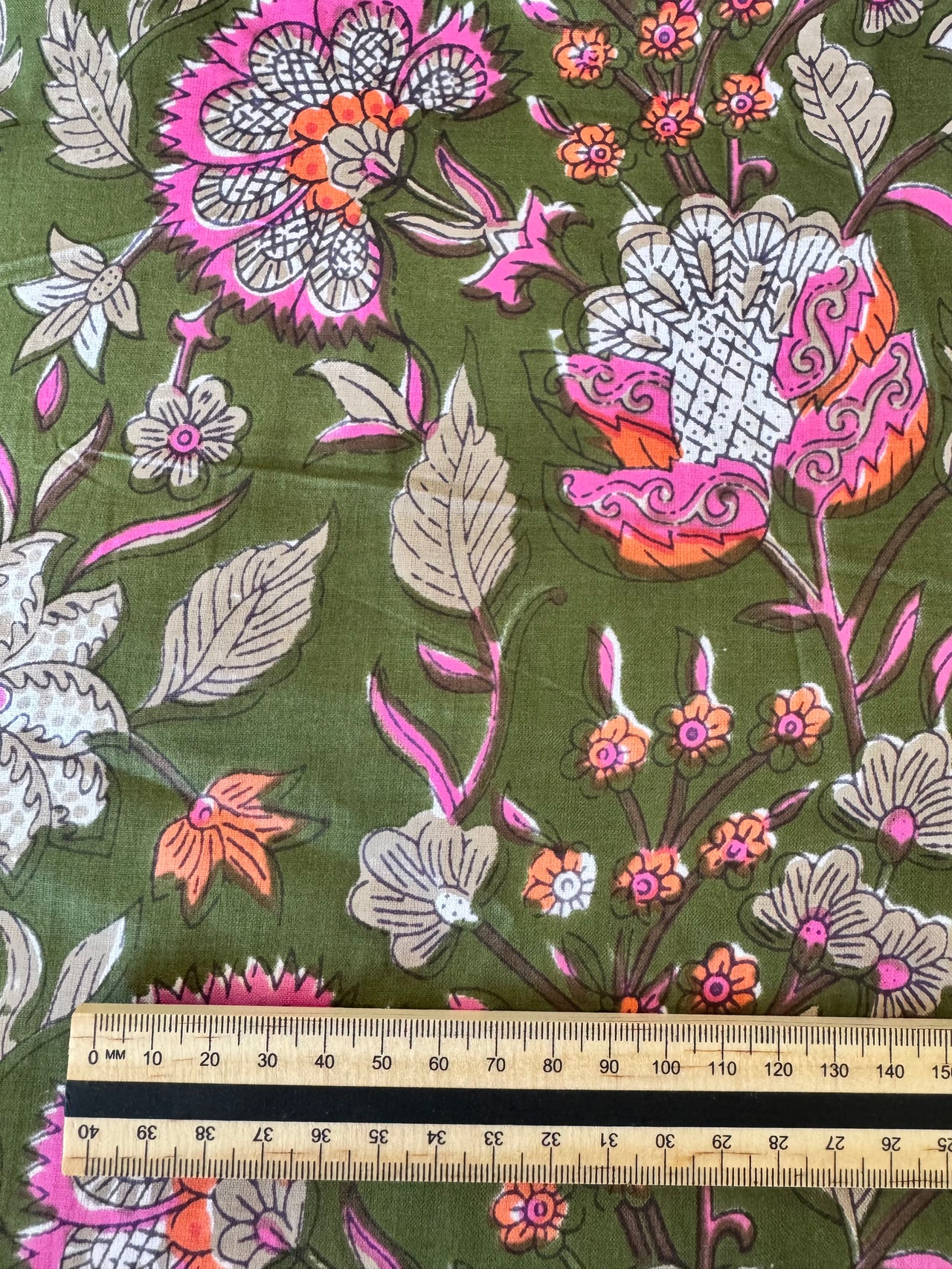 100% Cotton Fabric – Green Floral with Hot Pink