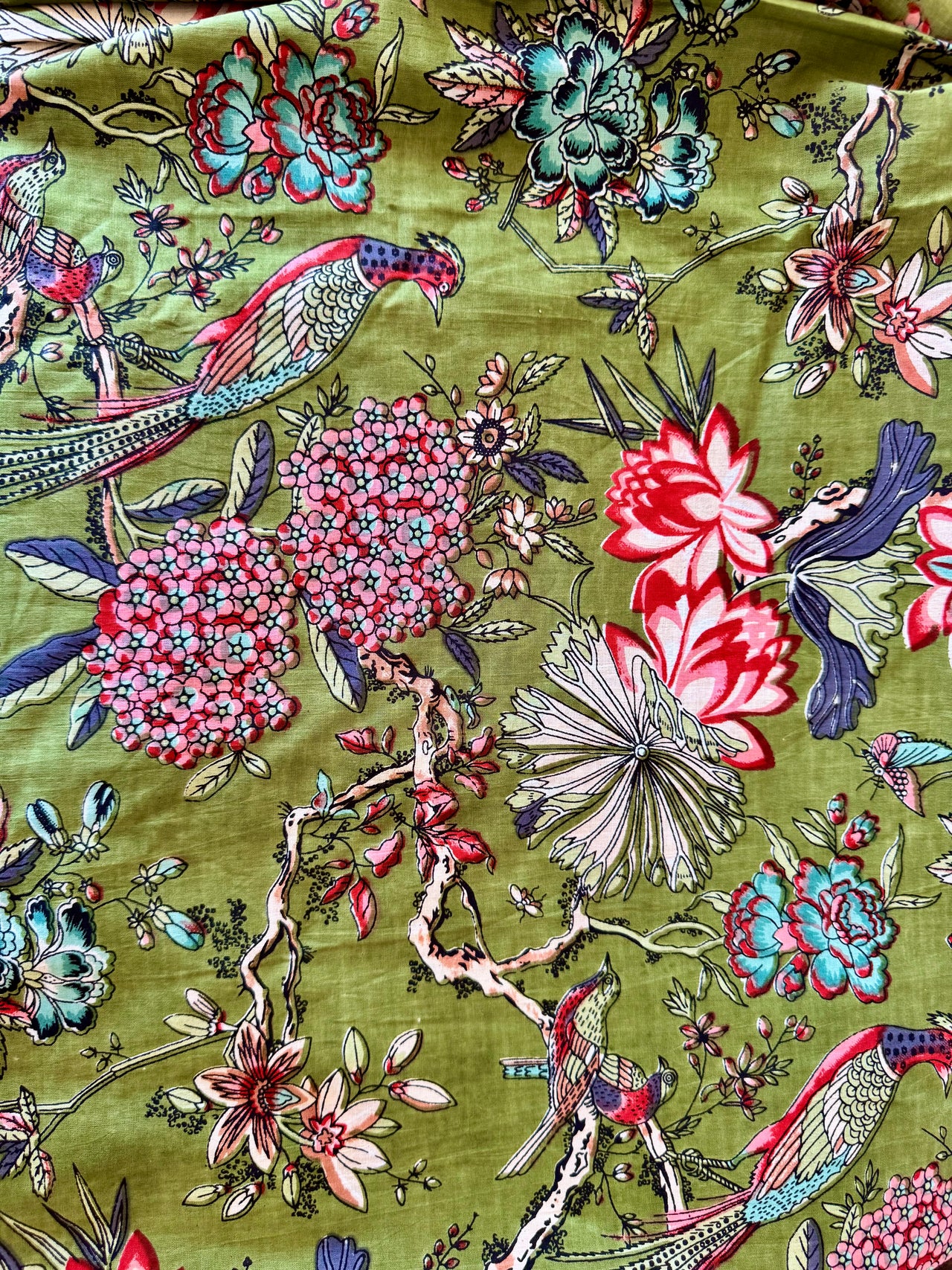 100% Cotton Fabric – Green Flowers with Birds