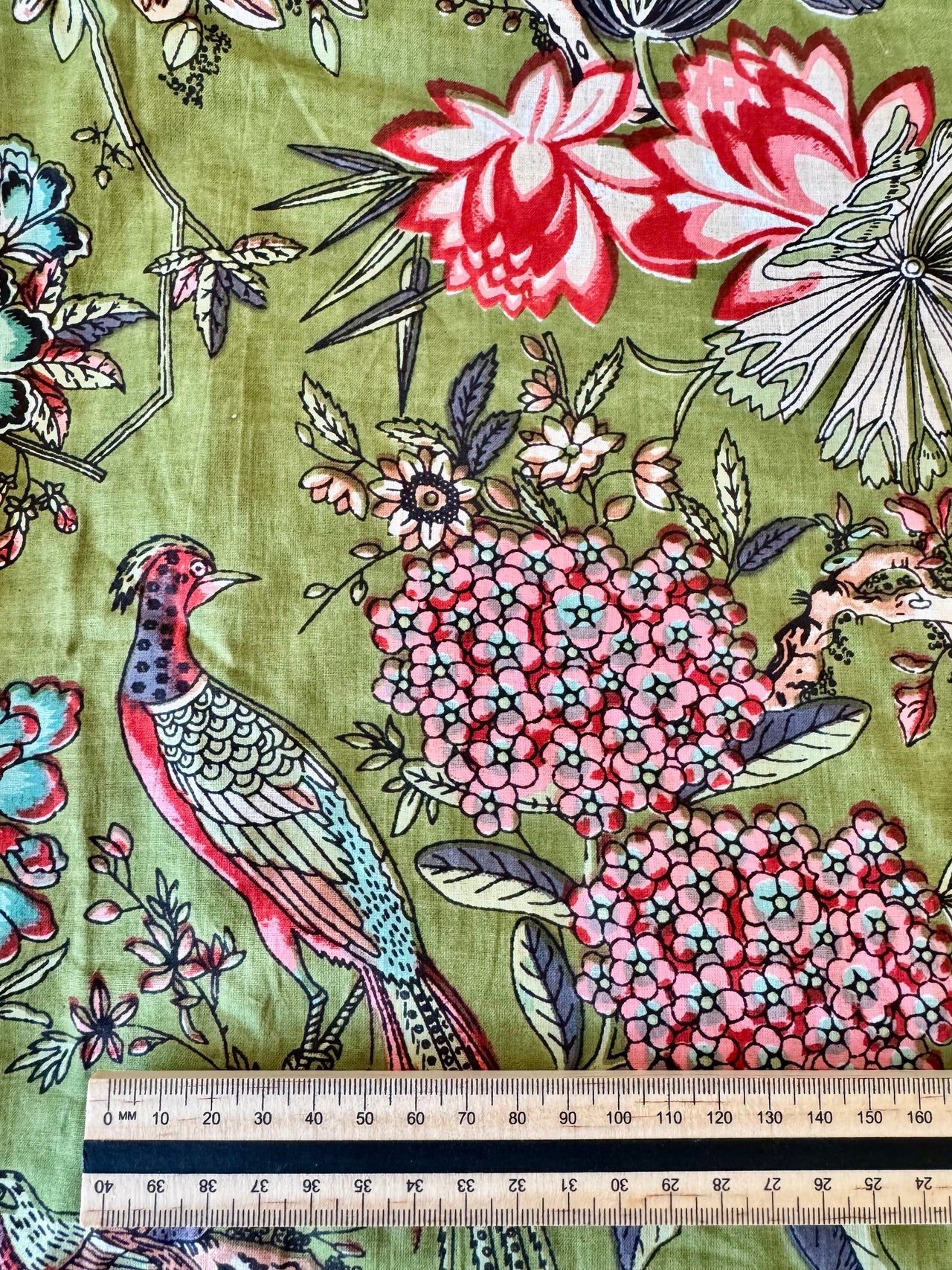 100% Cotton Fabric – Green Flowers with Birds