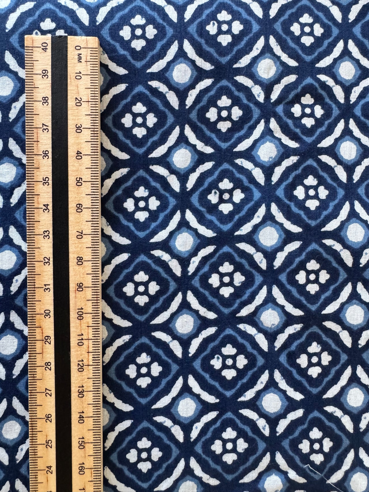 100% Cotton Fabric – Navy, Blue & White Pattern