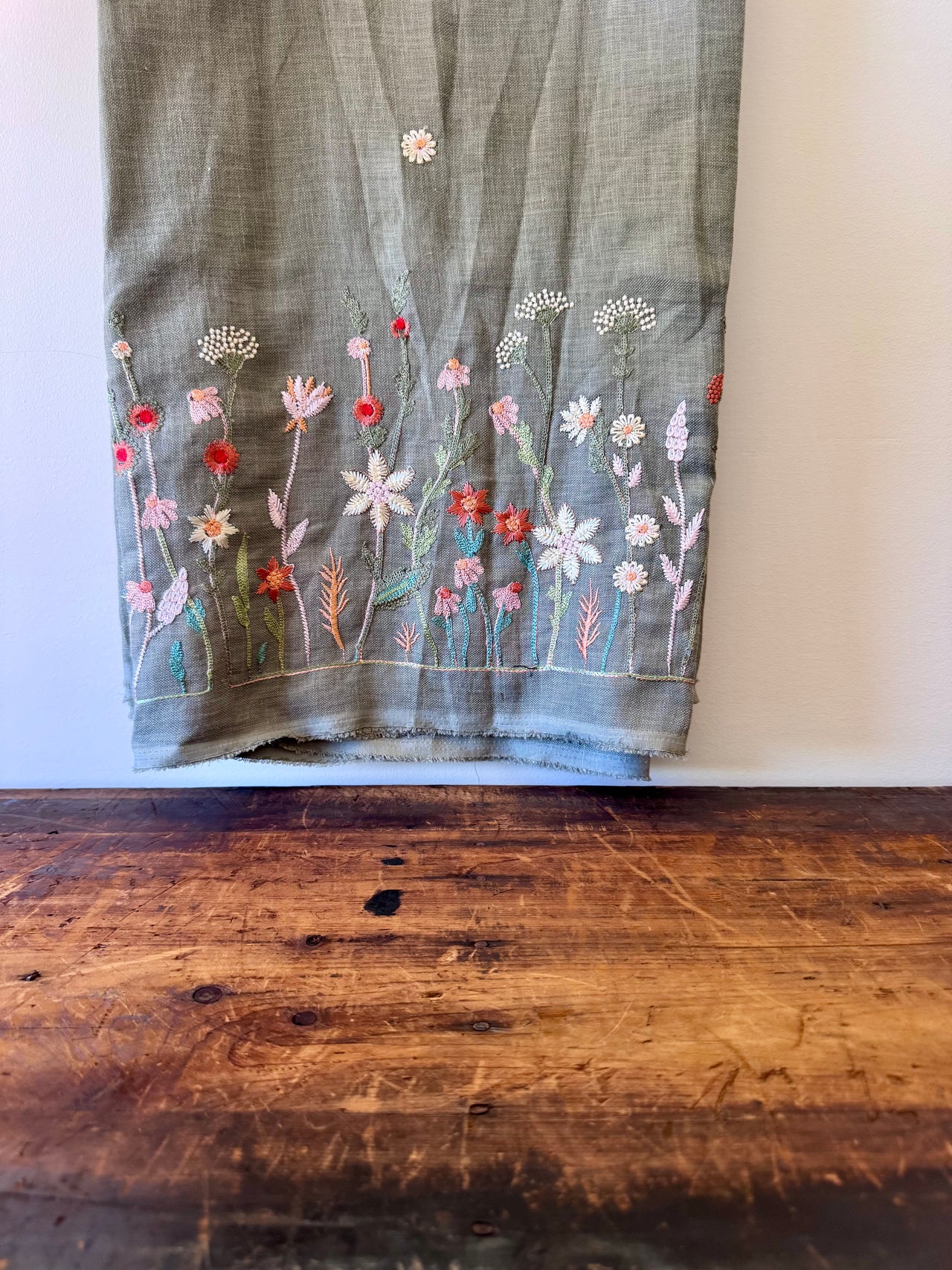 Linen Fabric - Green Floral