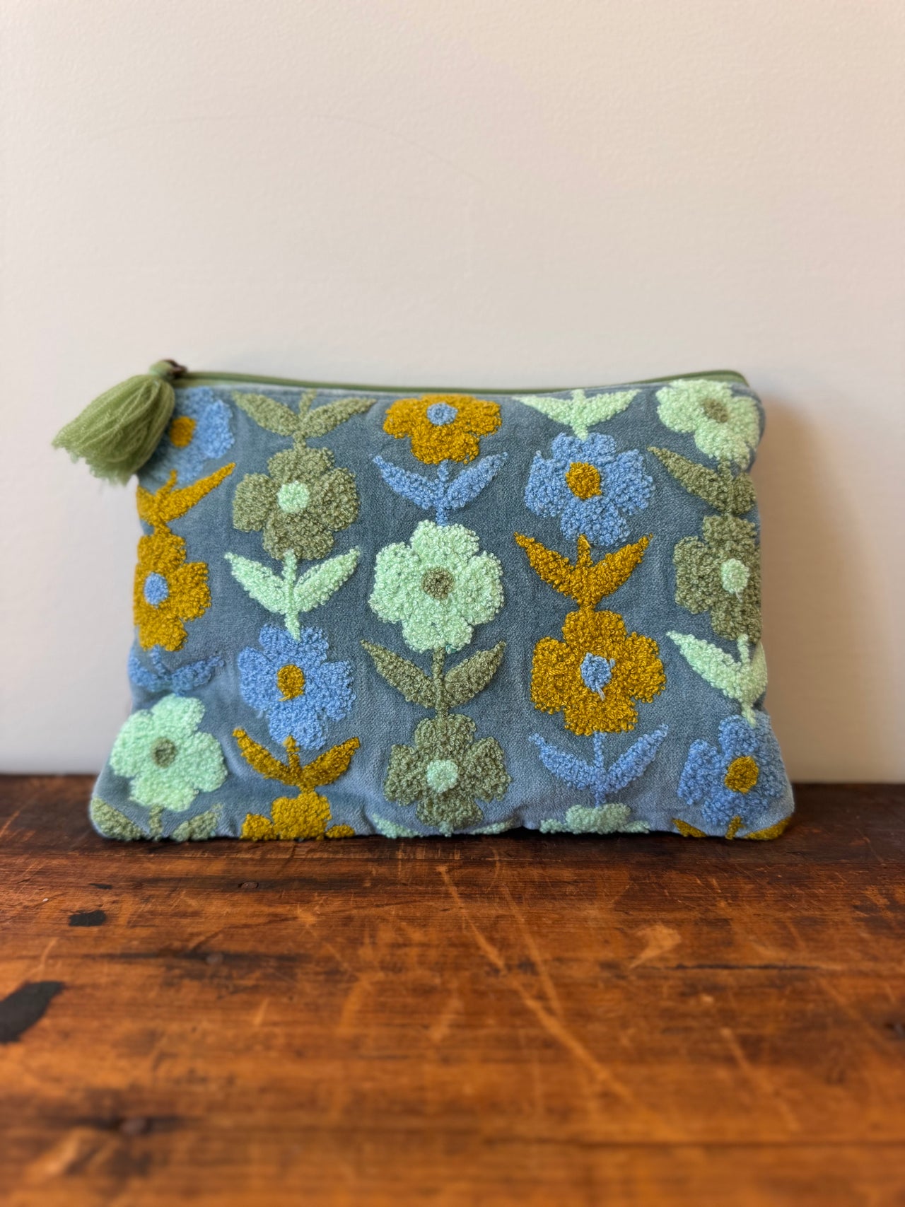 Large Velvet Purse - Green & Blue Flowers