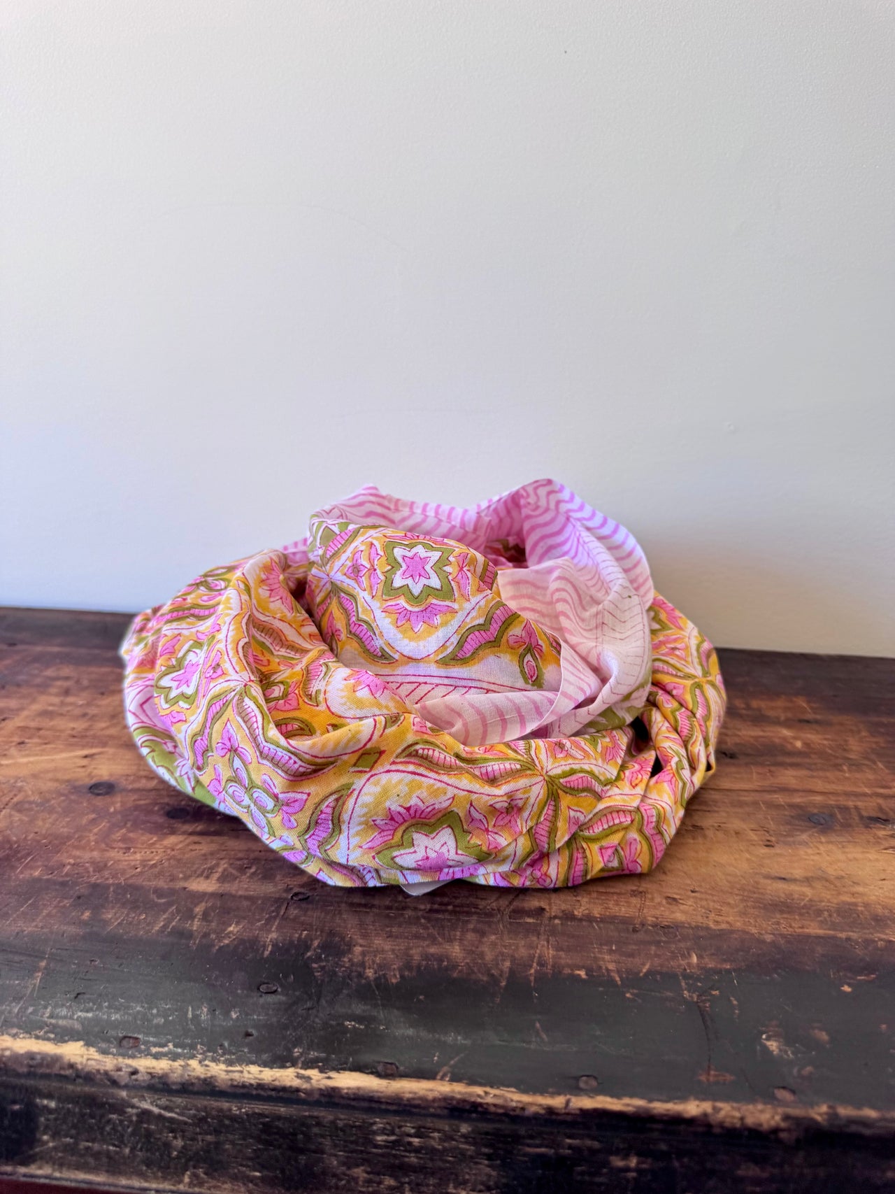 Block Print Cotton Sarong – Yellow & Green Pastel Floral