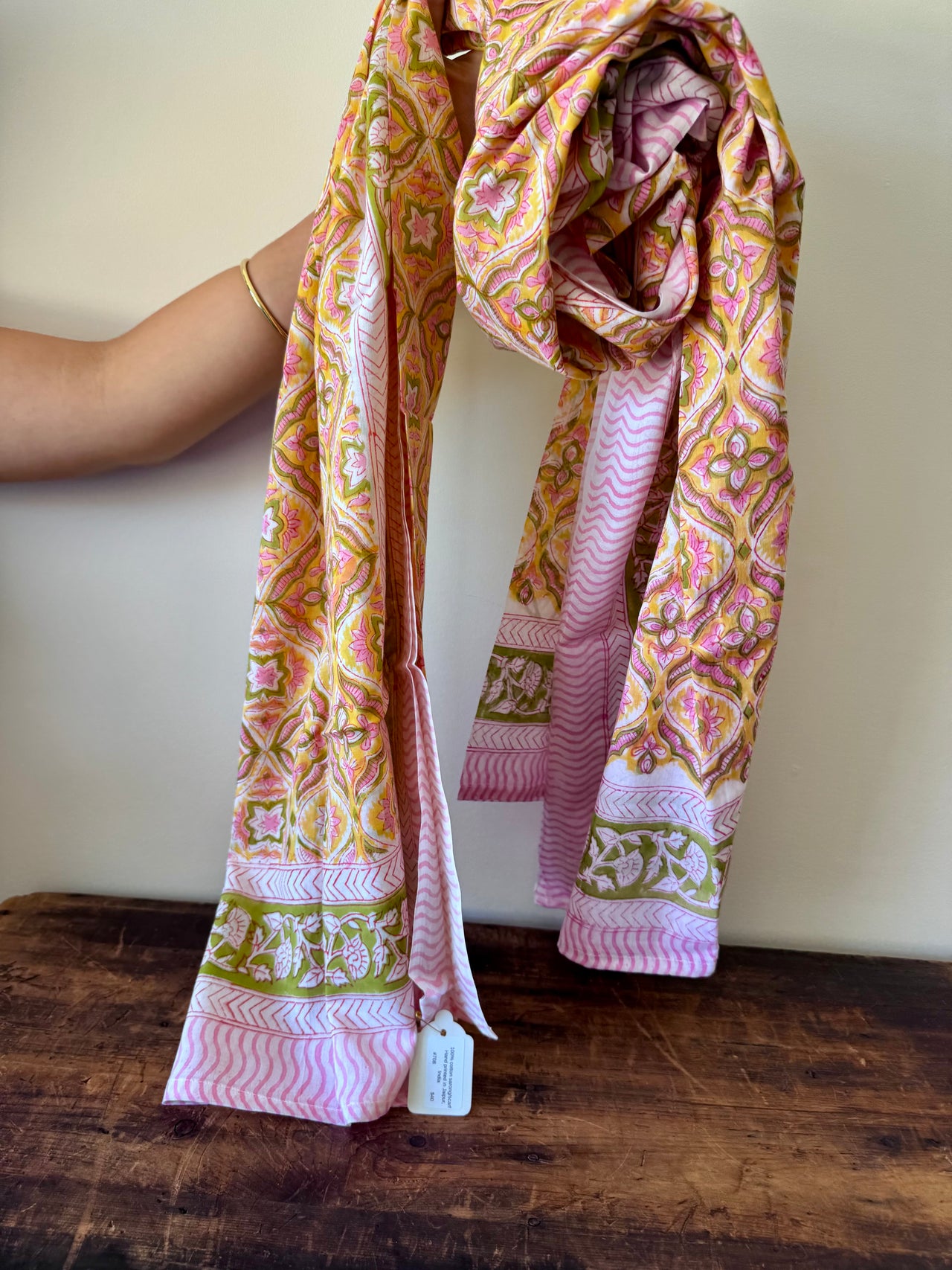 Block Print Cotton Sarong – Yellow & Green Pastel Floral