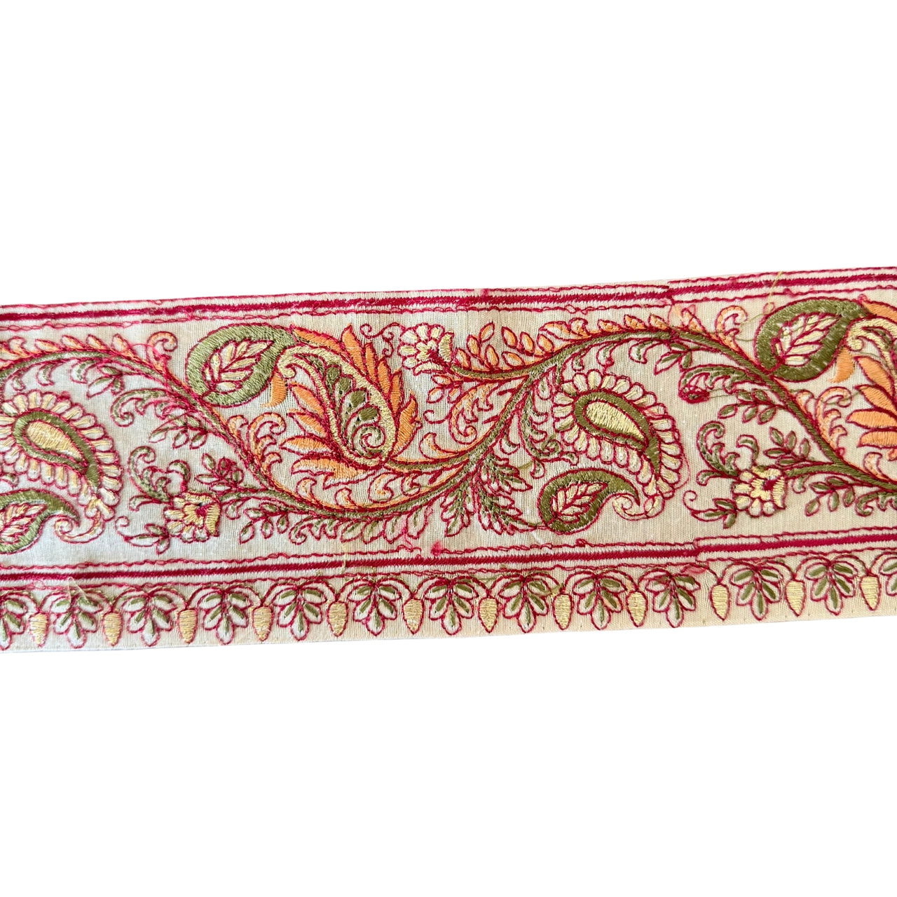 Decorative fabric border with intricate paisley pattern on a white background