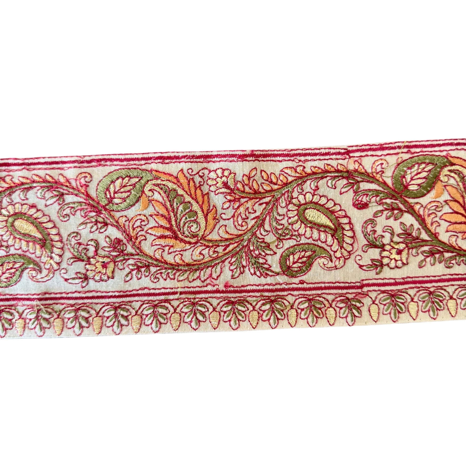 Decorative fabric border with intricate paisley pattern on a white background