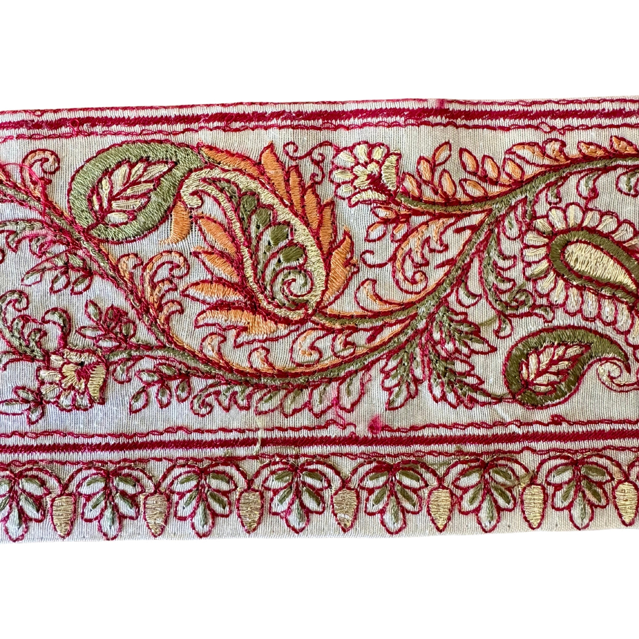 Close-up of embroidered fabric with intricate patterns on a white background