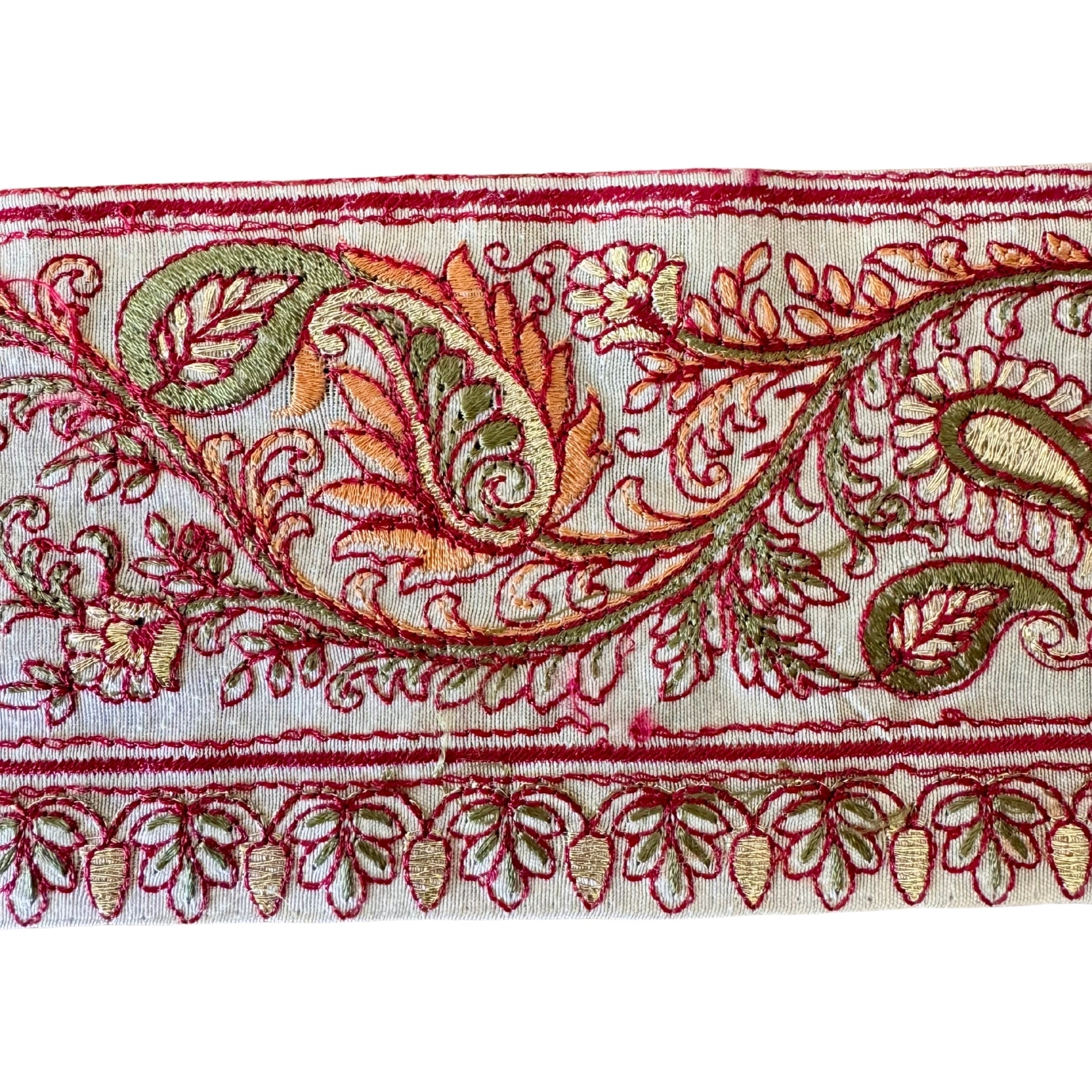 Close-up of embroidered fabric with intricate patterns on a white background