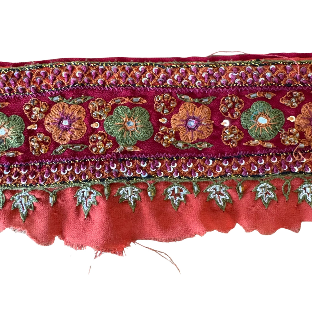 Decorative fabric border with floral patterns and beads on a white background