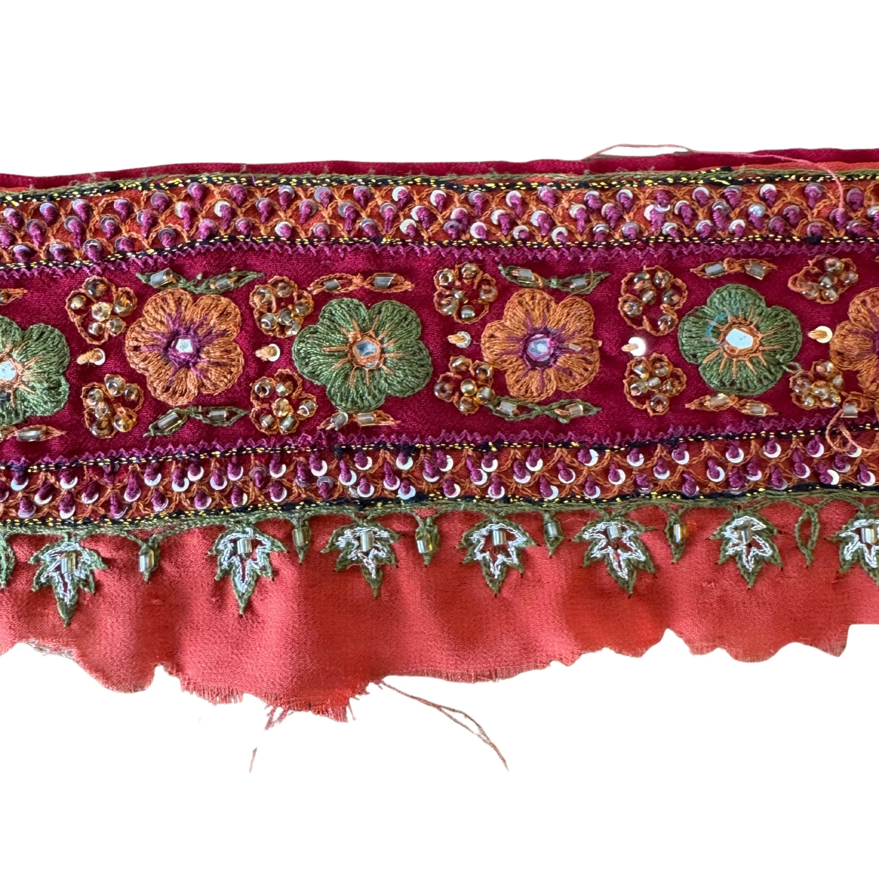 Decorative fabric border with floral patterns and beads on a white background