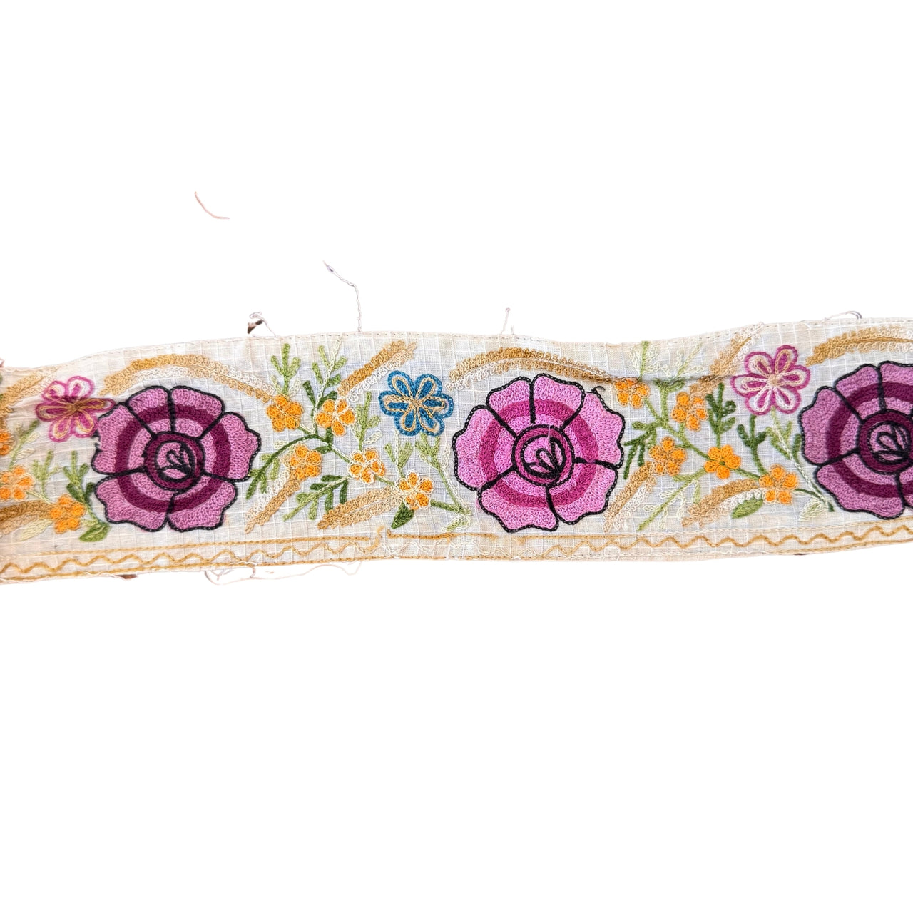 Floral ribbon with purple flowers and green leaves on a white background